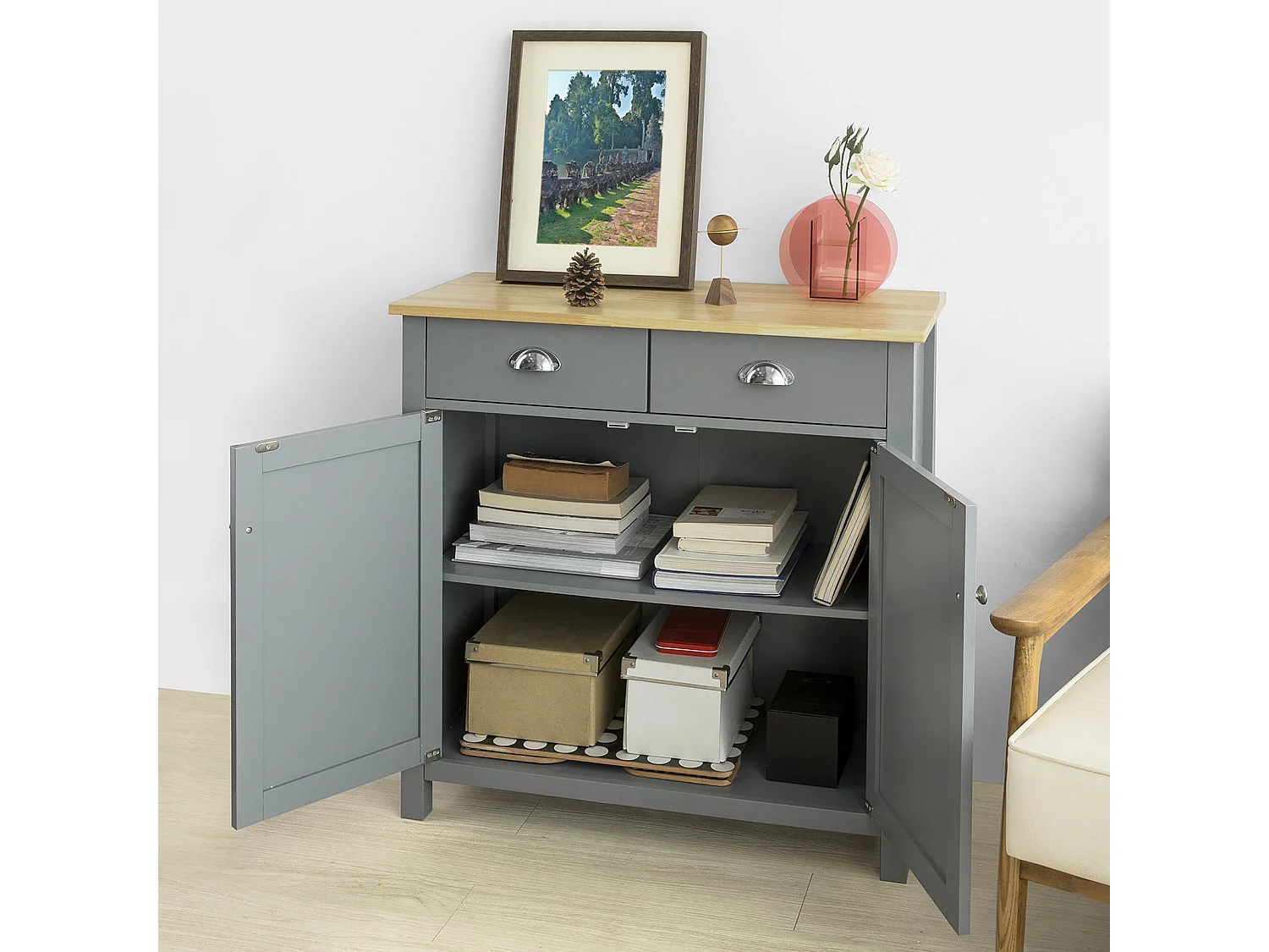 Rangement Table Console Meuble de Rangement avec 2 tiroirs et 2 Portes- Gris Clair, FSB25-HG