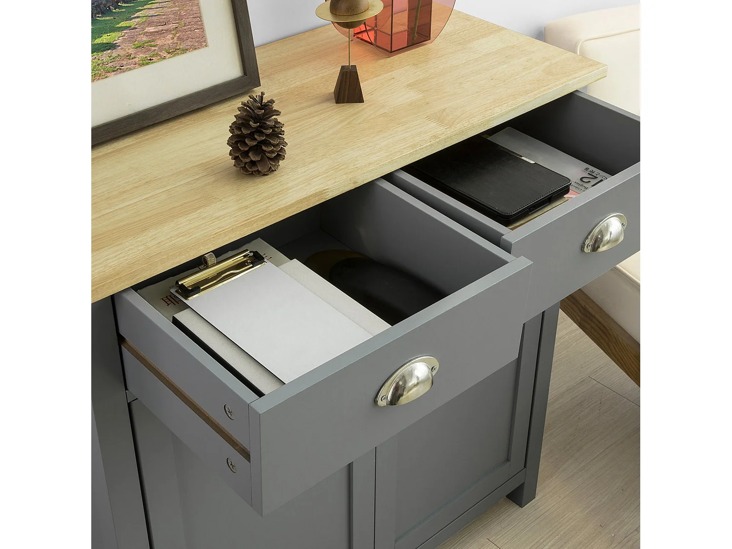Rangement Table Console Meuble de Rangement avec 2 tiroirs et 2 Portes- Gris Clair, FSB25-HG
