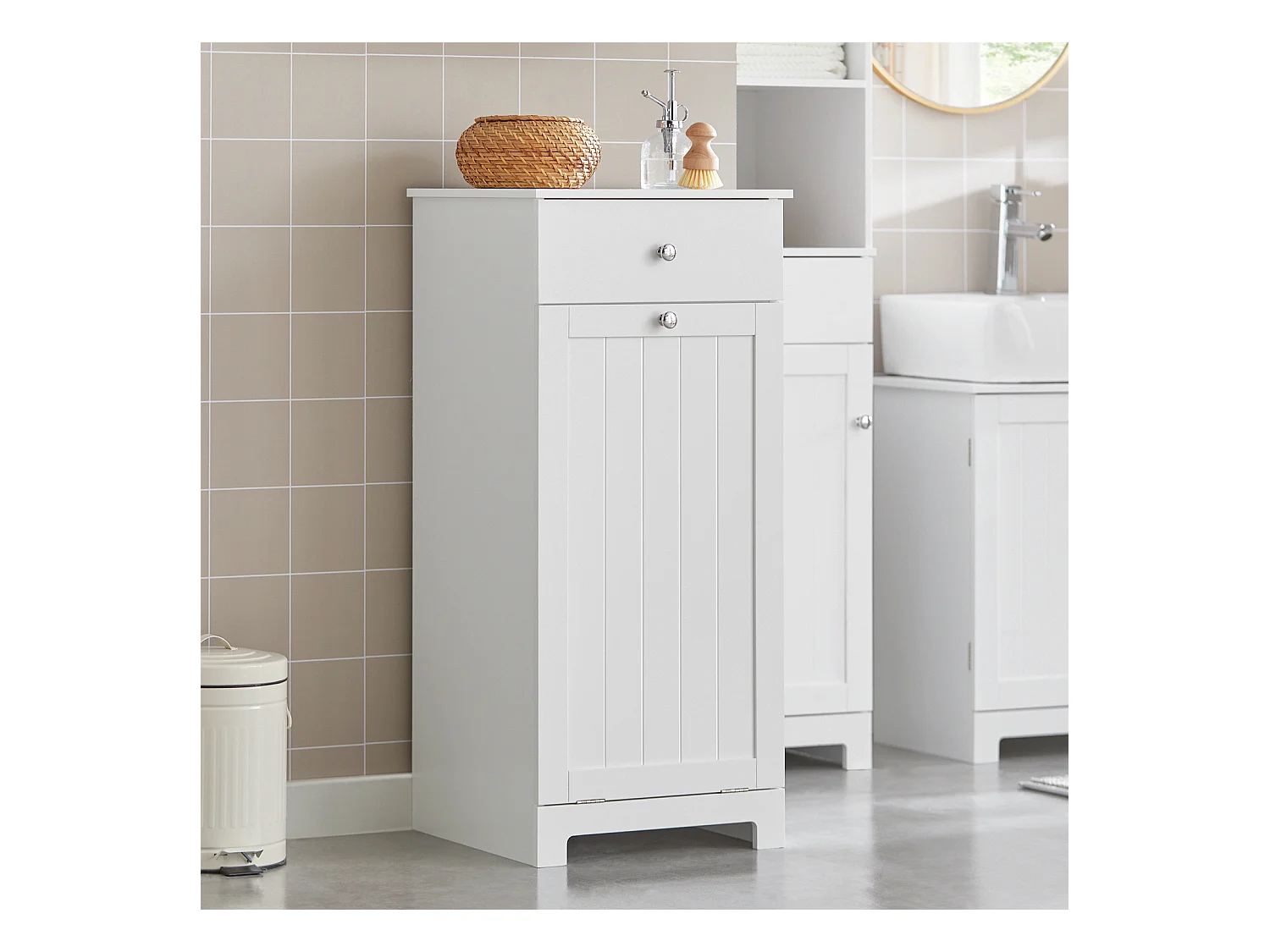 SoBuy BZR21-W Badkamerkast Opbergkist met Wasmand Laundry Hamper - Wit