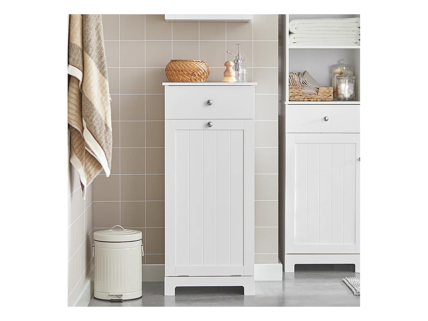 SoBuy BZR21-W Badkamerkast Opbergkist met Wasmand Laundry Hamper - Wit