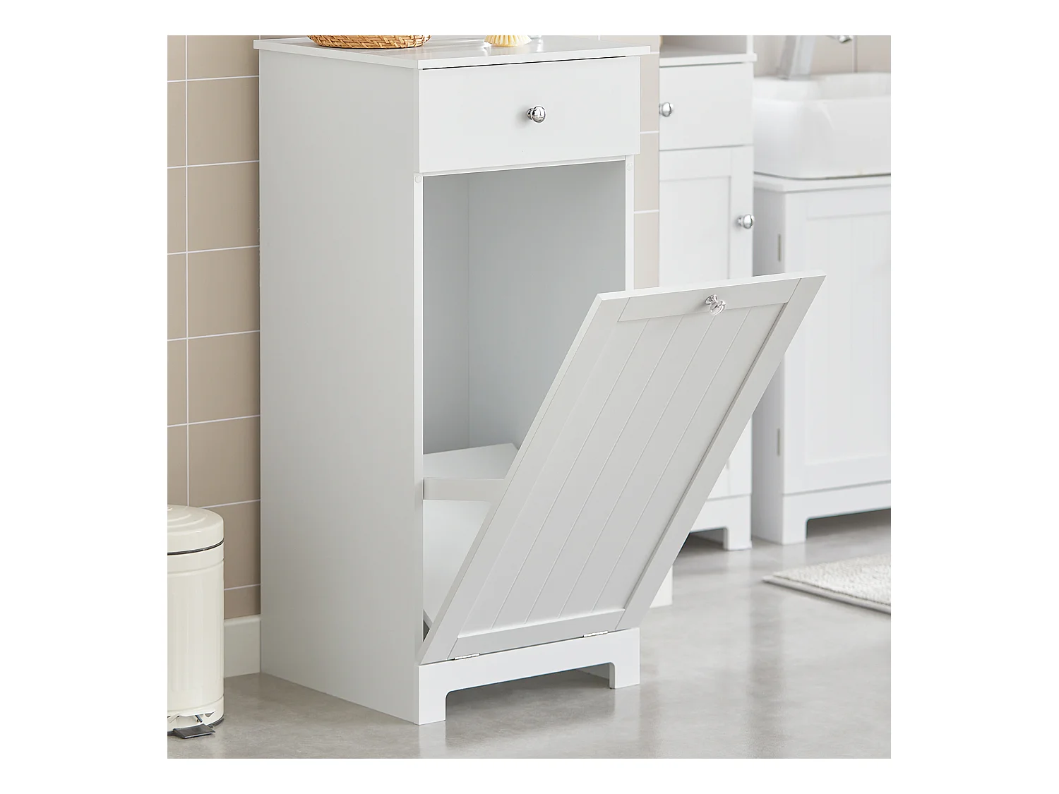 SoBuy BZR21-W Badkamerkast Opbergkist met Wasmand Laundry Hamper - Wit