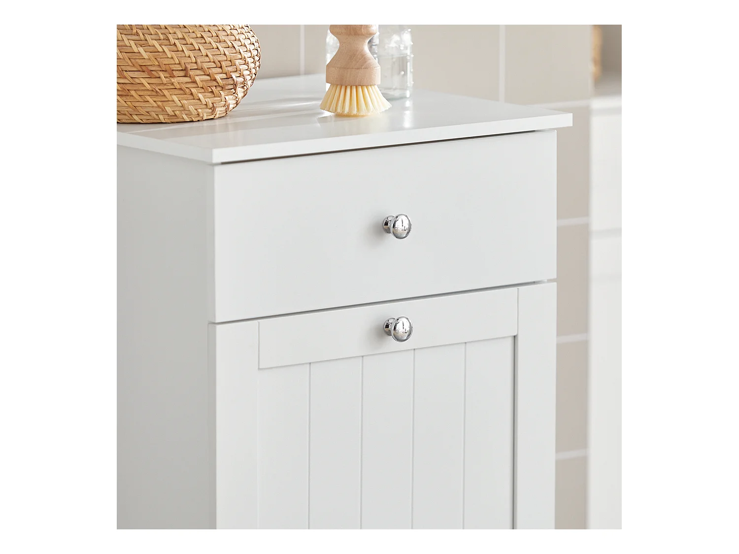 SoBuy BZR21-W Badkamerkast Opbergkist met Wasmand Laundry Hamper - Wit