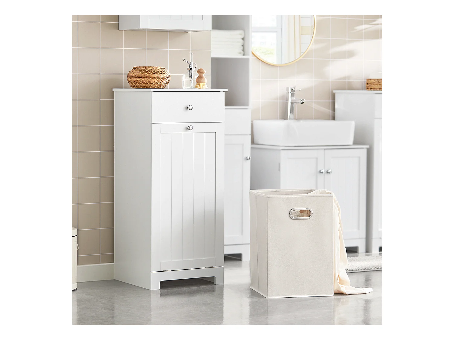 SoBuy BZR21-W Badkamerkast Opbergkist met Wasmand Laundry Hamper - Wit