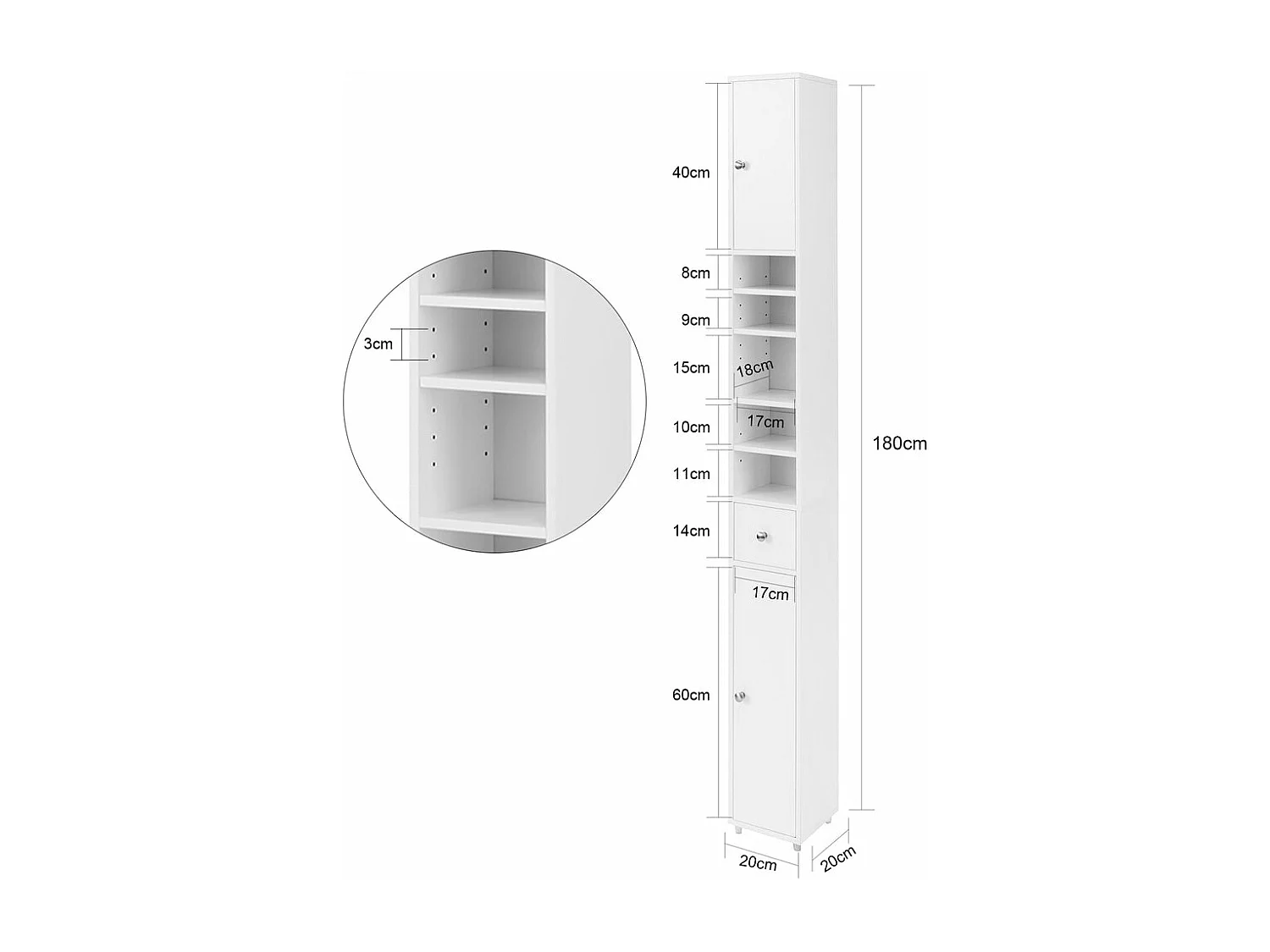 Armadio Colonna bagno, Mobile bagno alto con 2 Ante e 1 cassetto altezza: 180 cm SoBuy Bianco BZR34-W