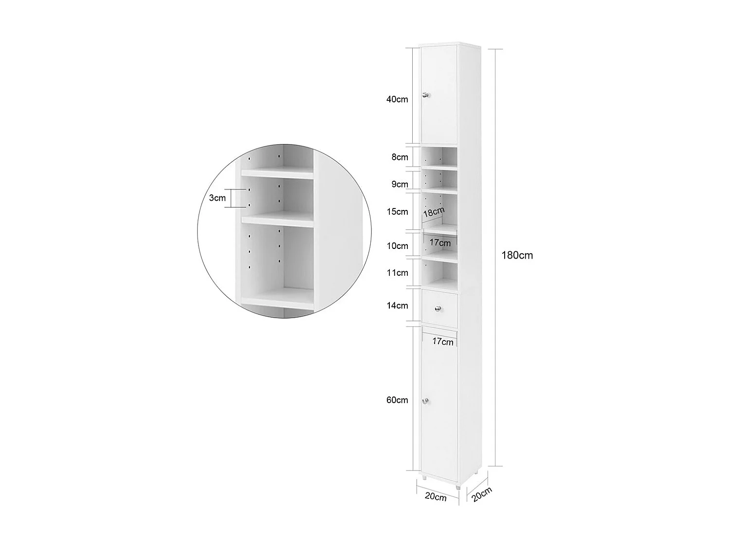 Meuble de Rangement Salle d Bain Meuble Colonne Armoire,L20xP20xH180cm, BZR34-W
