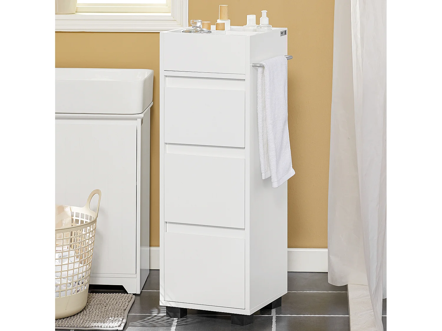 SoBuy BZR29-W Badkamerkast Badkamermeubel Kolomkasten met 3 Lades 1 Handdoekstang en 4 Vakken