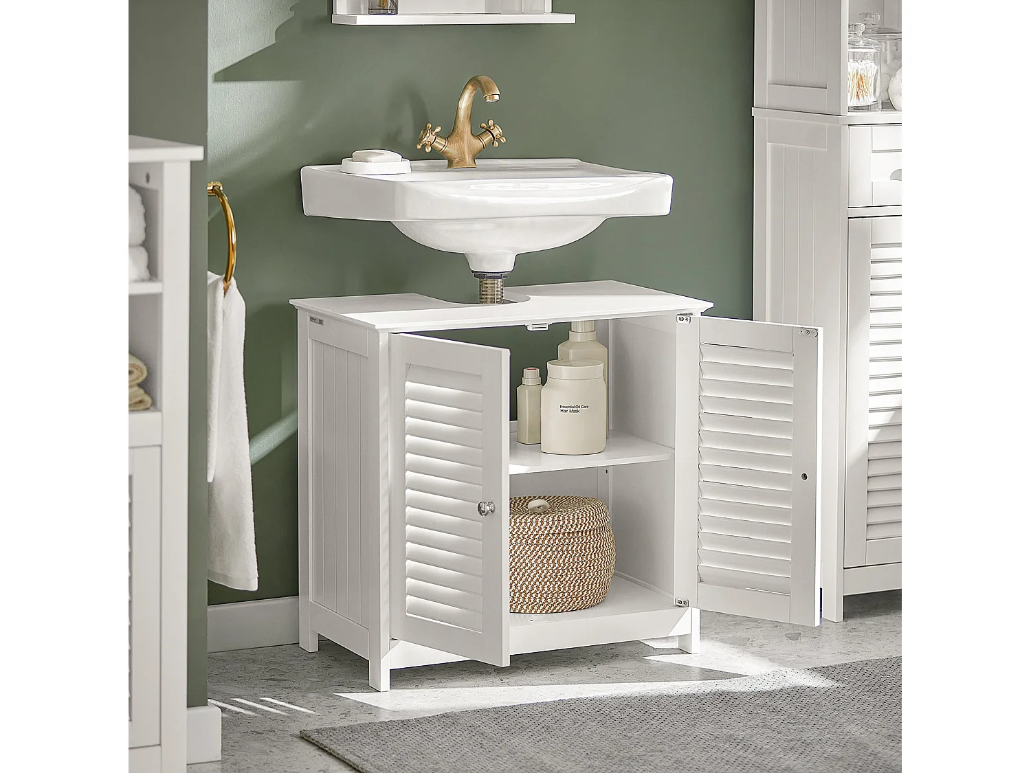 Meuble Sous-Lavabo Meuble de Salle de Bain Vasque - 2 portes et 2 étages -Blanc, FRG237-W