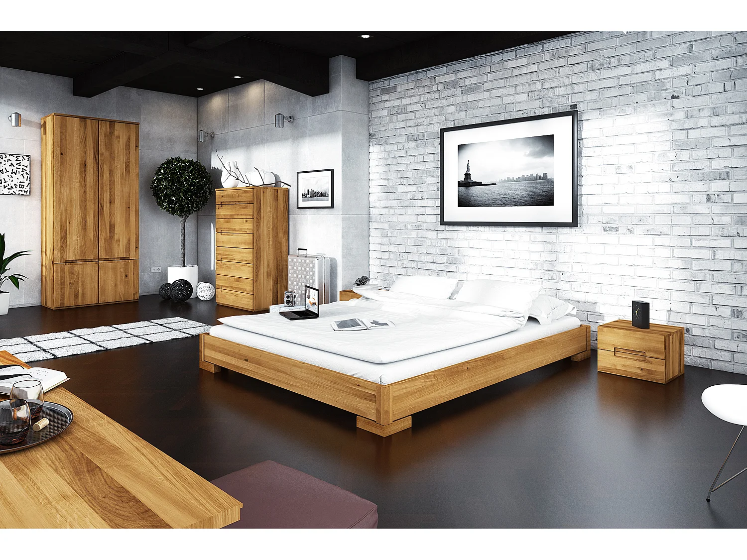 VENTO - Niedriges Bettgestell aus Wildeiche, naturgeölt 180x200