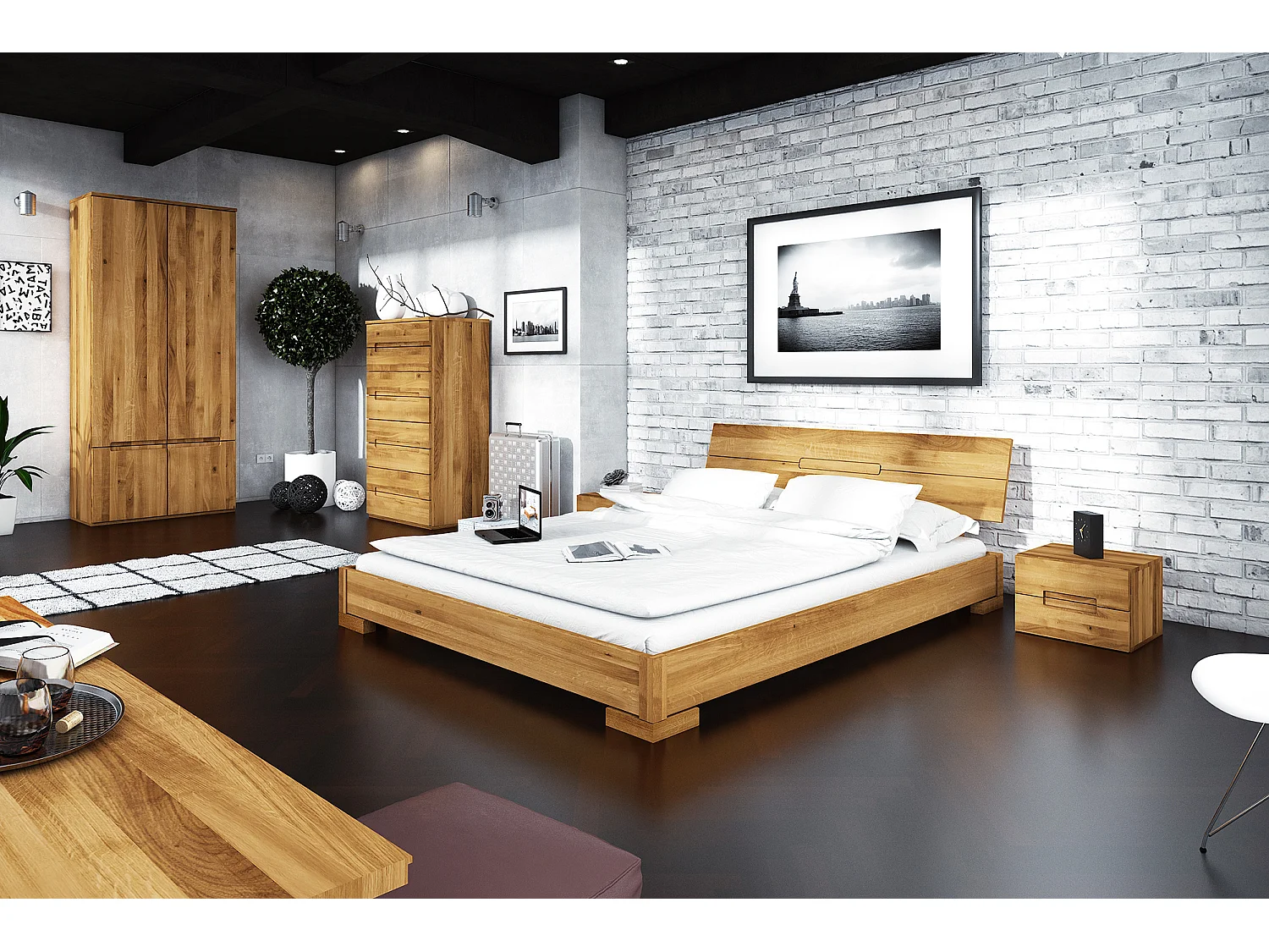 VENTO - Niedriges Bett mit Holzkopfteil aus Wildeiche, naturgeölt 180x200