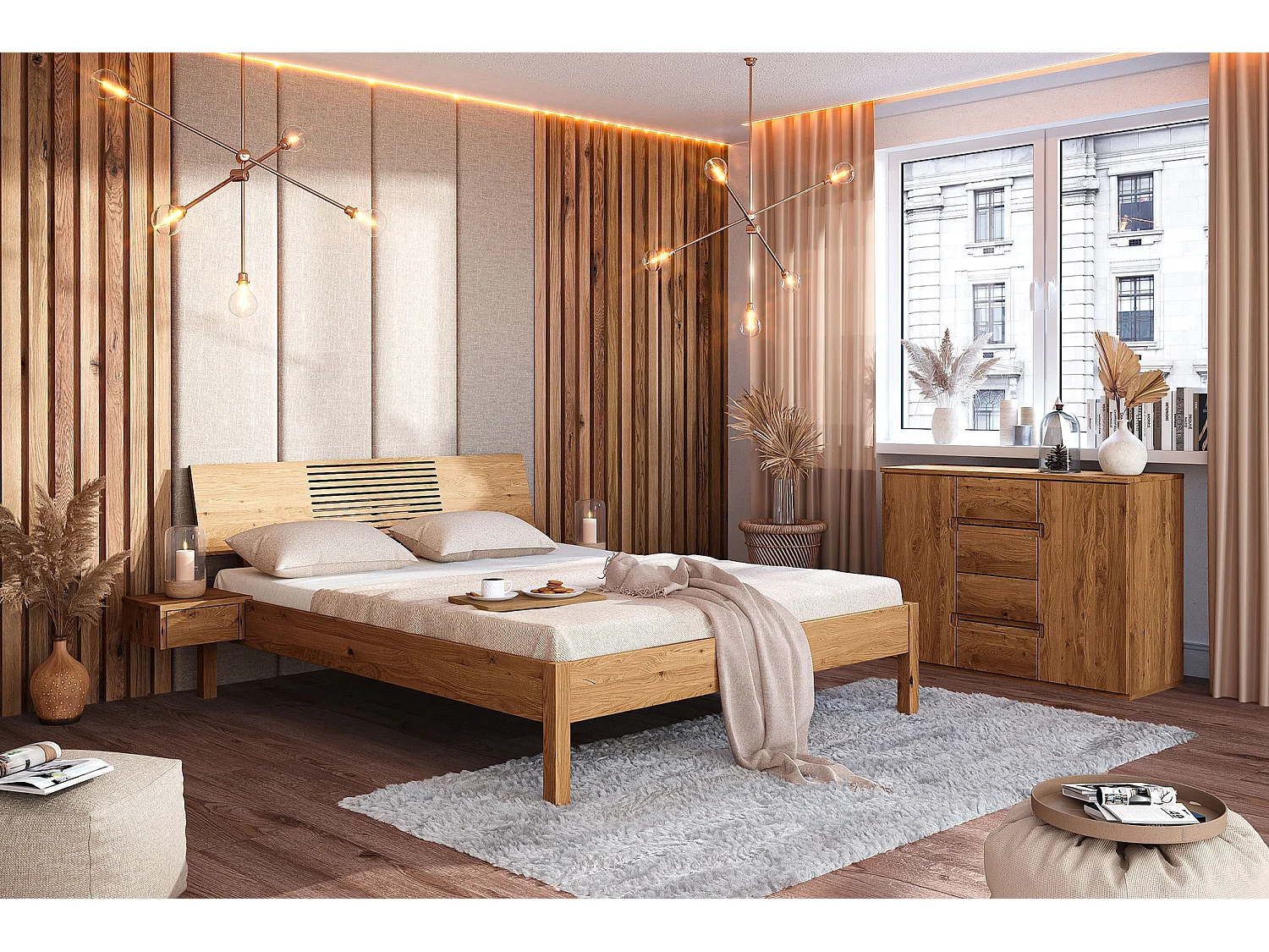 VENTO - Bett mit Holzkopfteil aus Wildeiche, naturgeölt 100x200