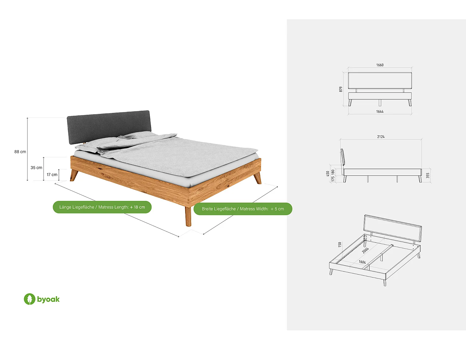 GREG - Bett mit Polsterkopfteil aus Wildeiche, naturgeölt 100x200