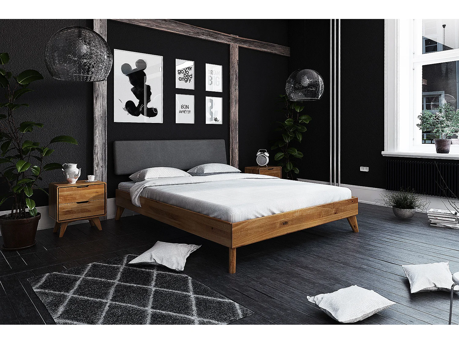 GREG - Bett mit Polsterkopfteil aus Wildeiche, naturgeölt 160x200