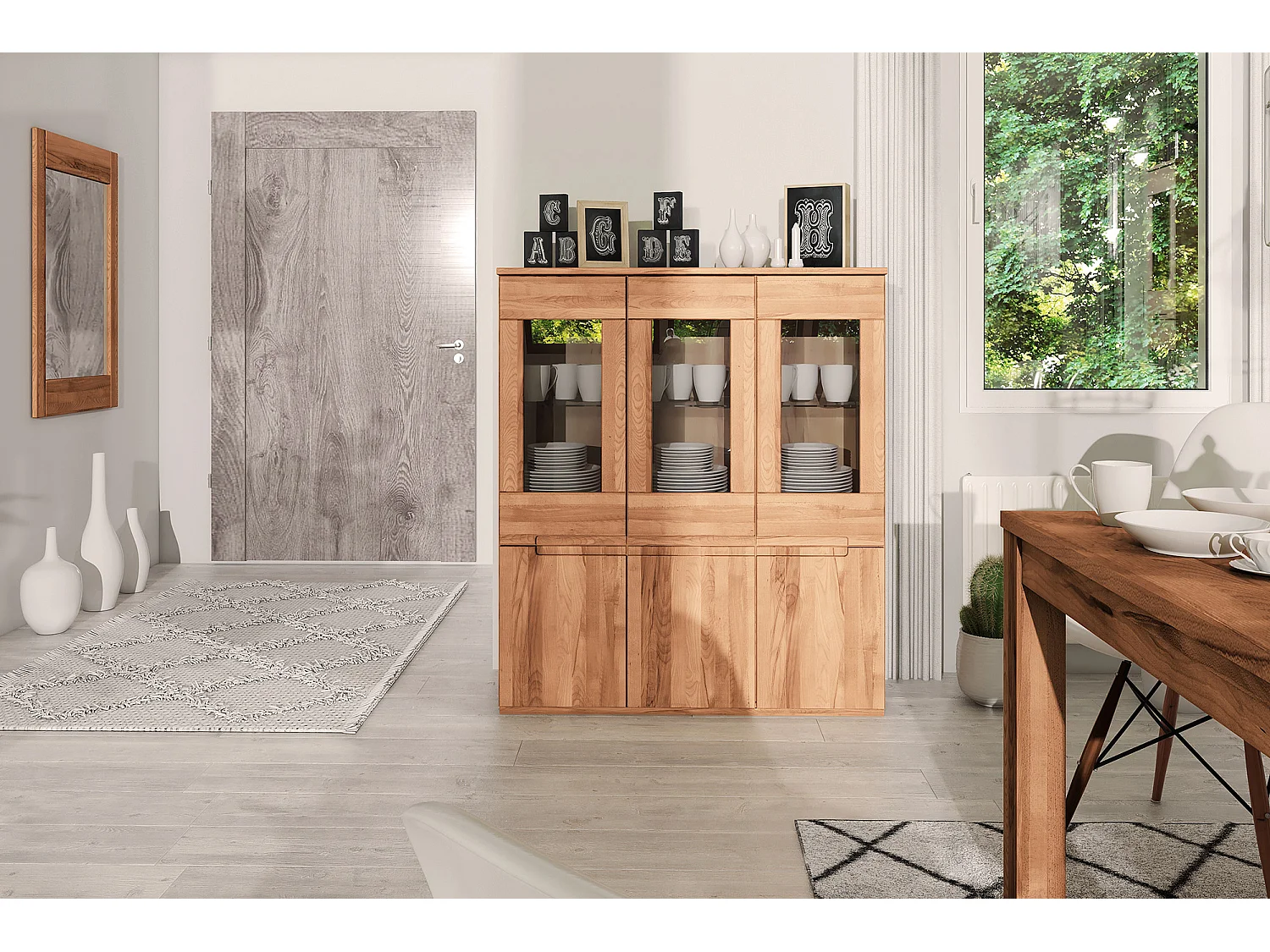 VENTO - Vitrine avec portes en cœur de hêtre, finition à l'huile naturelle