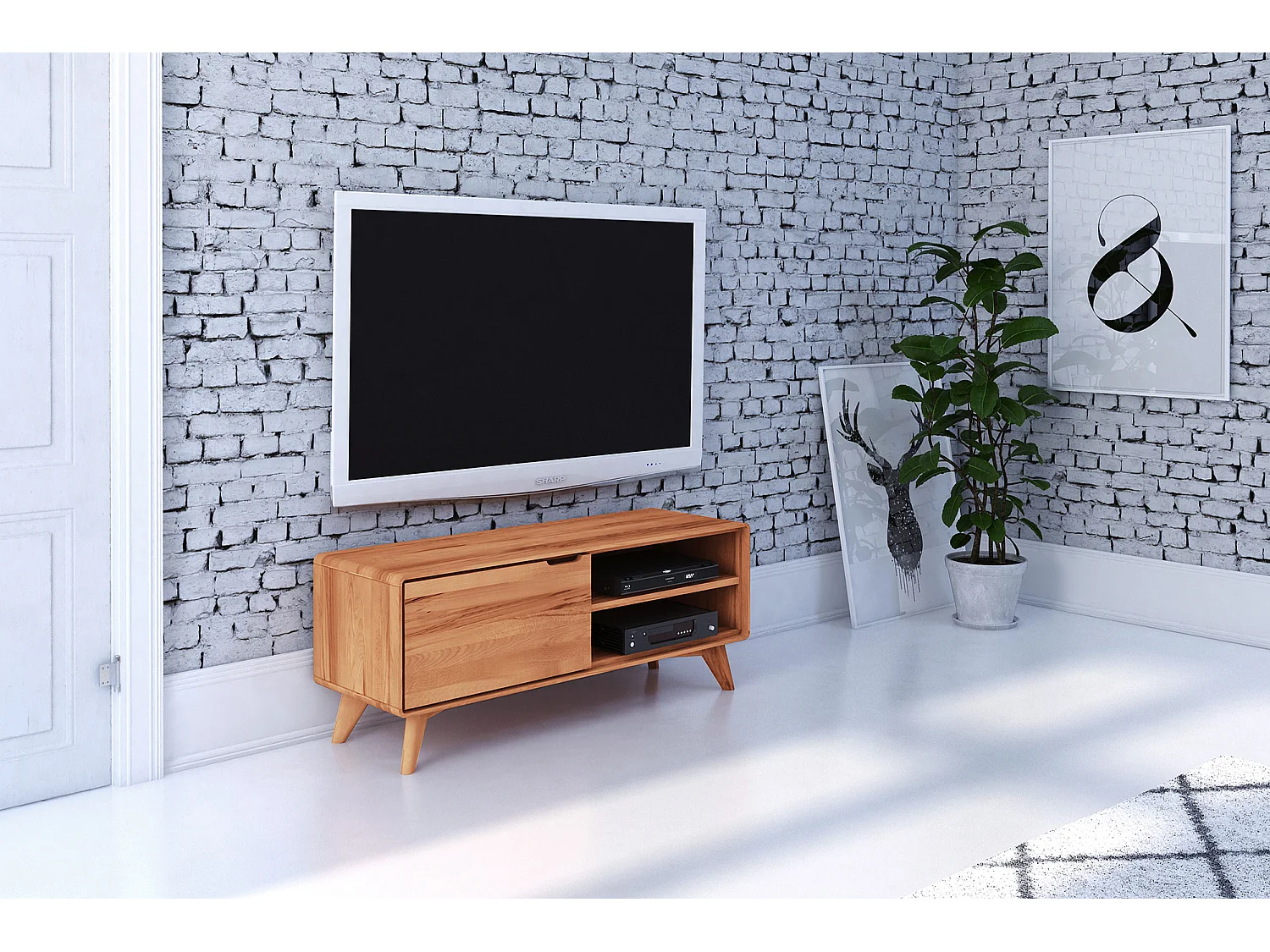 GREG - Meuble TV avec portes en bois en cœur de hêtre huilé naturel