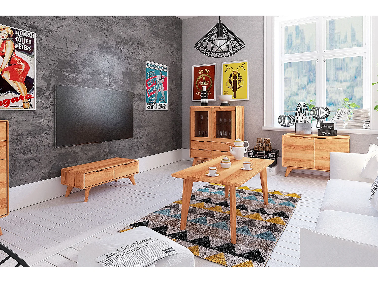 GREG - Meuble TV avec tiroirs en coeur de hêtre huilé naturel