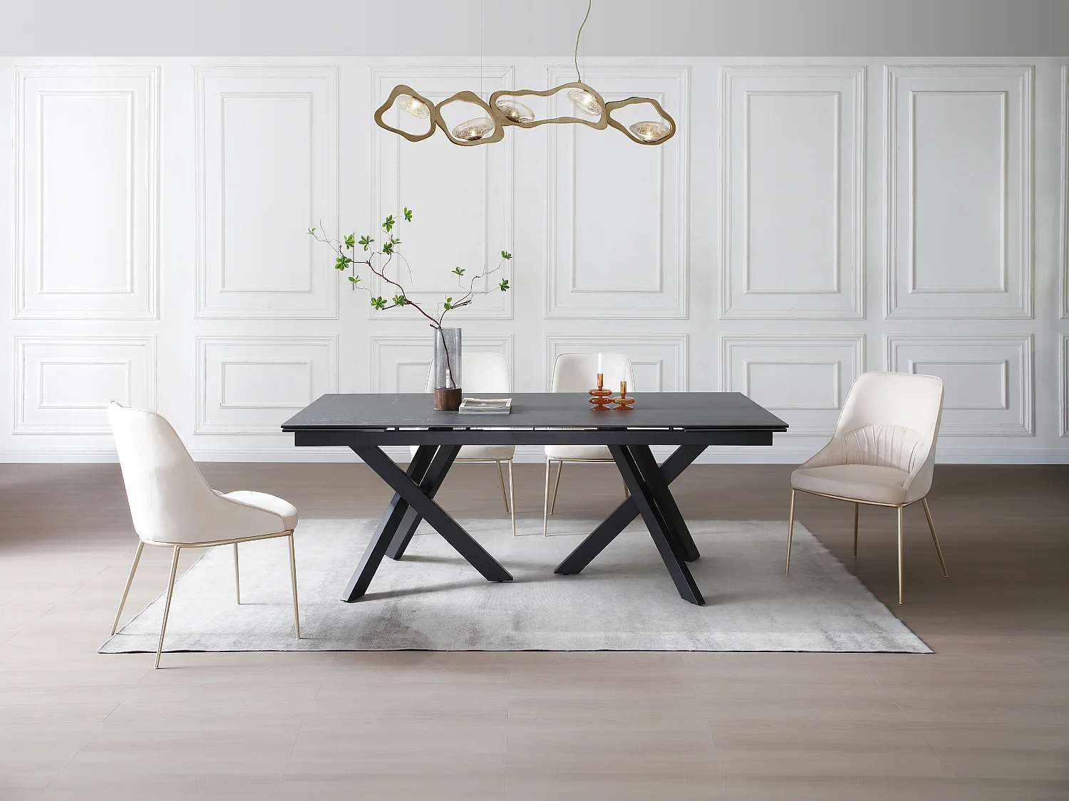 Table à manger extensible 8 à 12 personnes en verre trempé et céramique - Effet marbre noir - MARISO