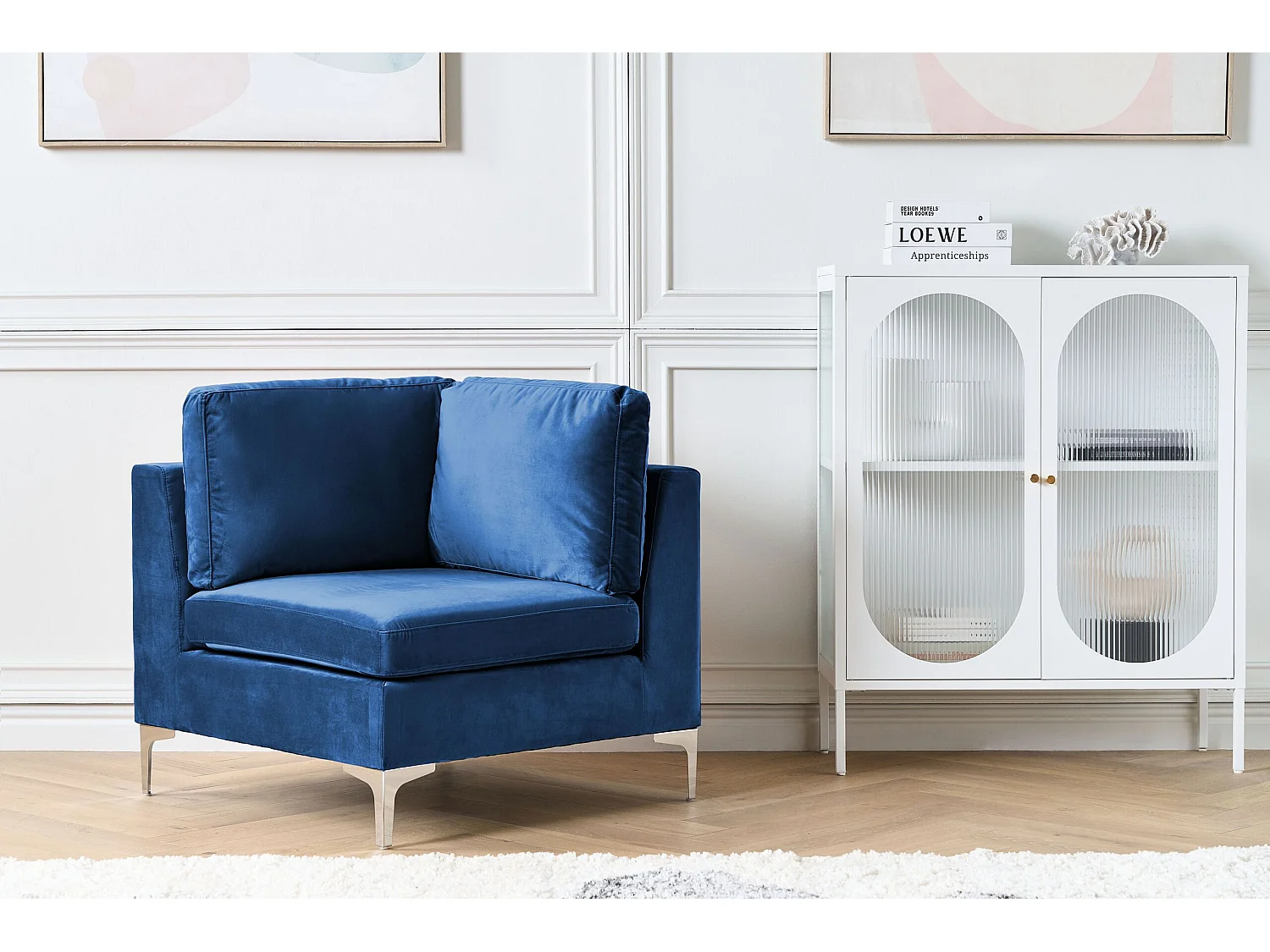 Modul Ecksessel aus Samtstoff Blau quadratisch mit Rückenkissen Glamour Evja