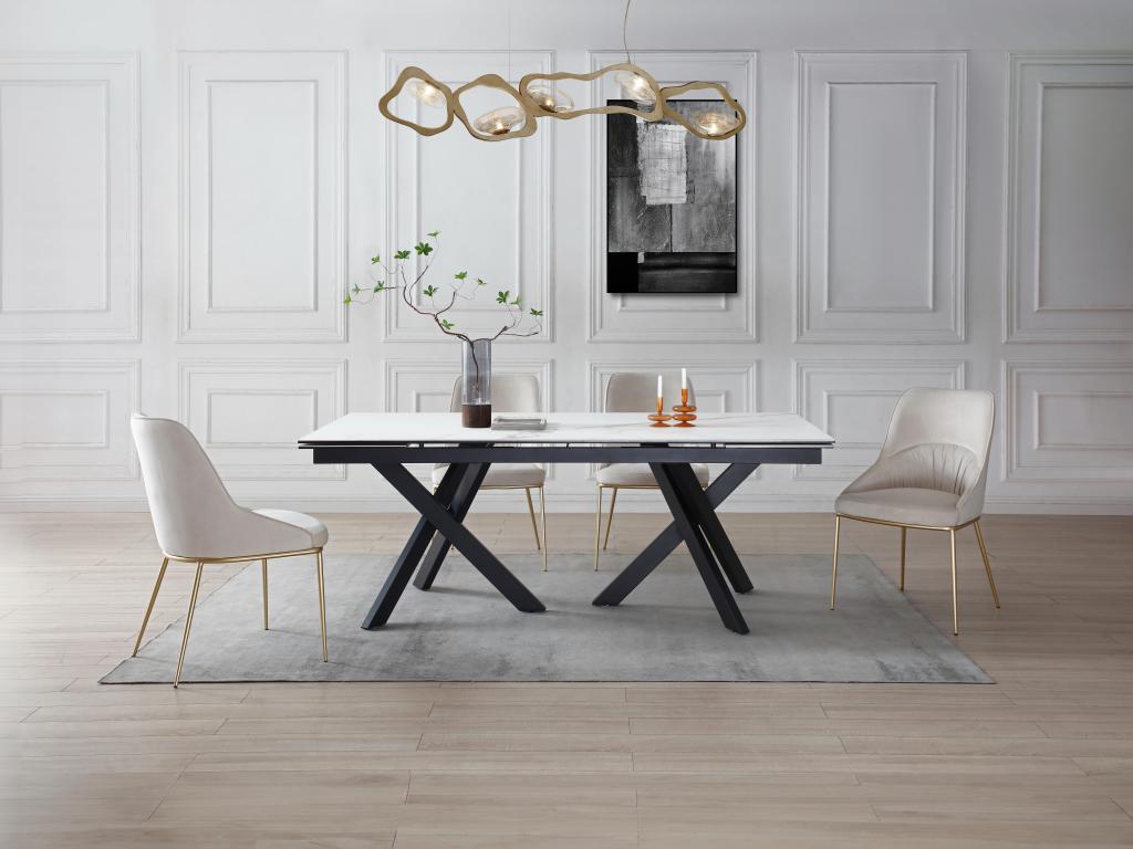 Table à manger extensible 8 à 12 personnes en verre trempé et céramique - Effet marbre blanc et noir - MARISO