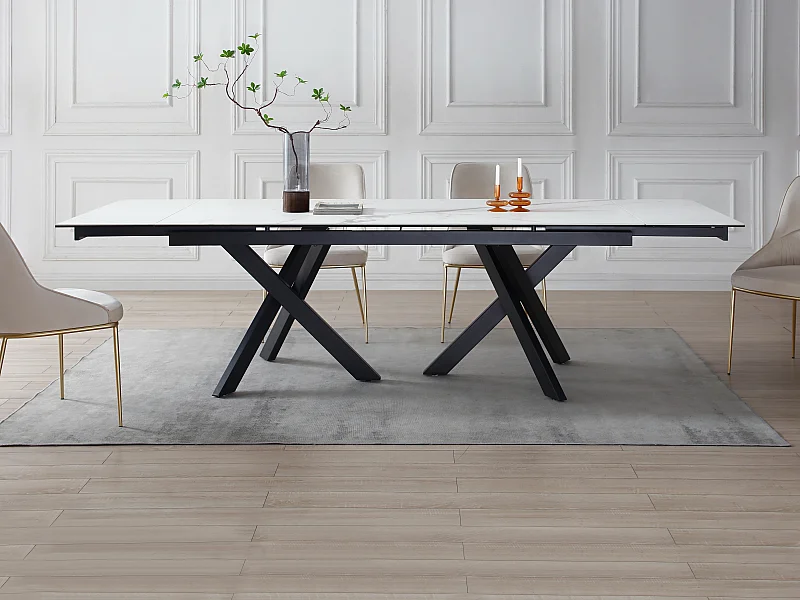 Table à manger extensible 8 à 12 personnes en verre trempé et céramique - Effet marbre blanc et noir - MARISO