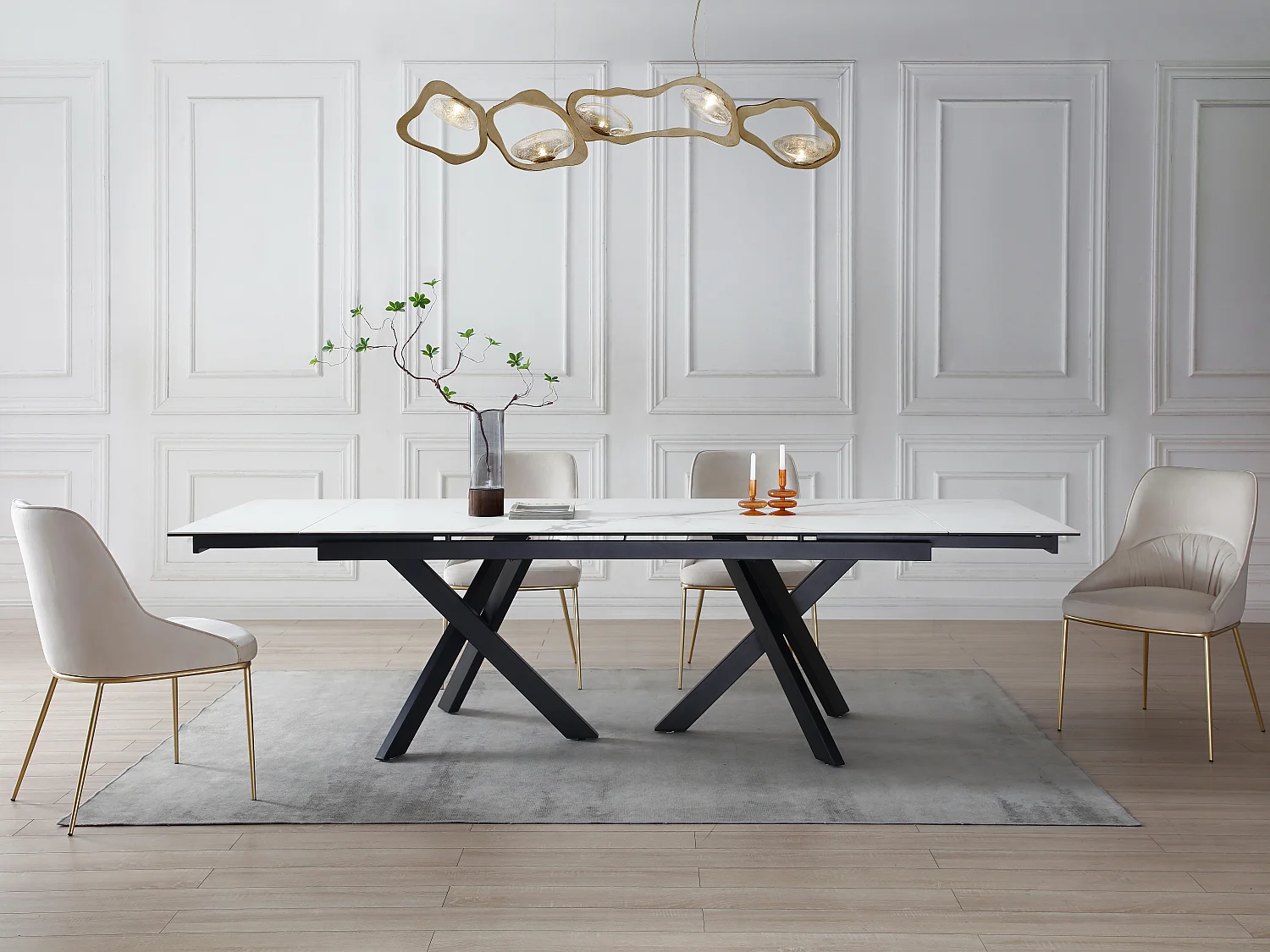 Mesa de comedor extensible de 8 a 12 comensales en vidrio templado y cerámica - Efecto mármol blanco y negro - MARISO