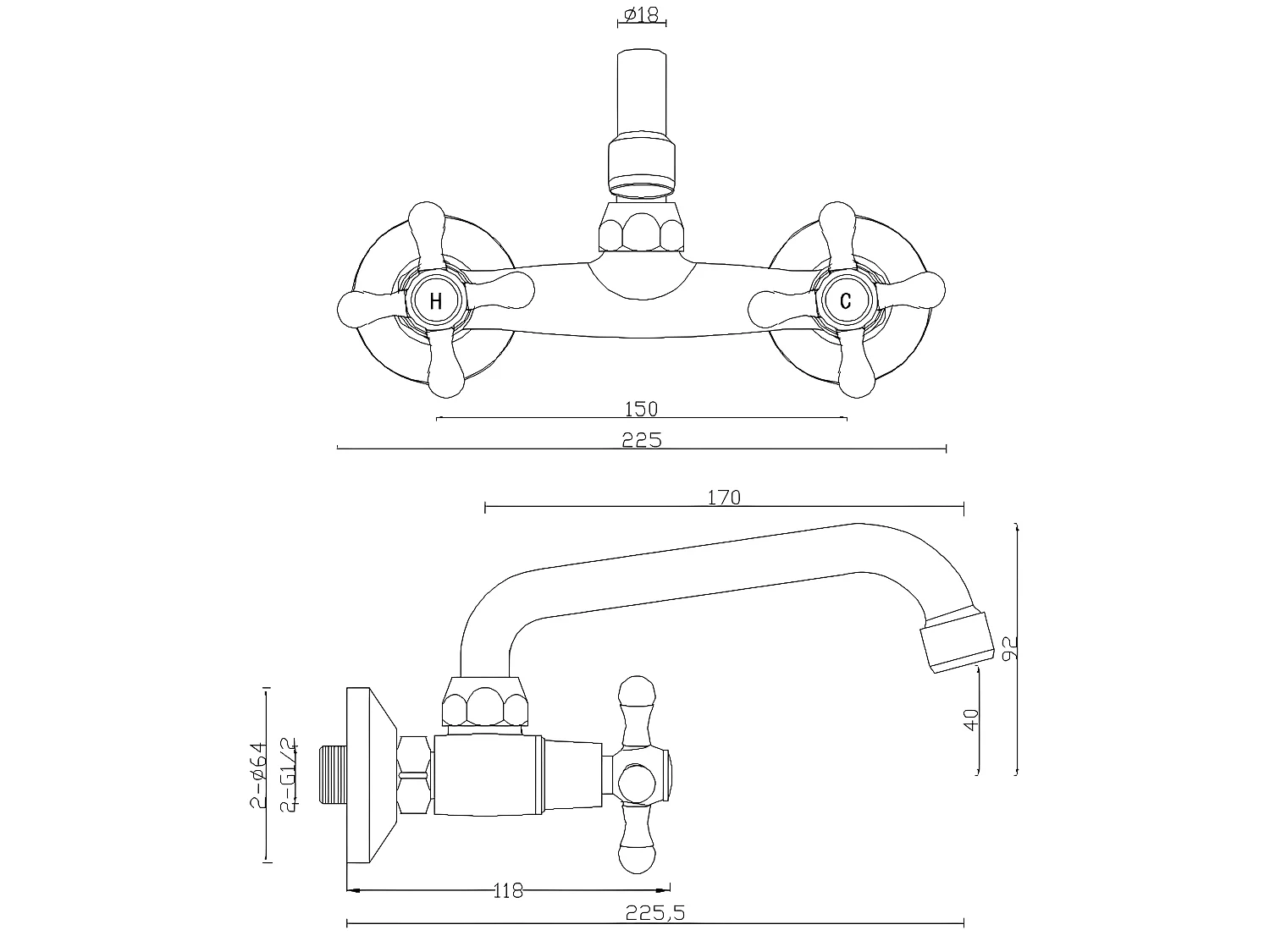 Wasserhahn Küche Wandarmatur Messing Zweigriffarmaturen Oberer Auslauf Stilo