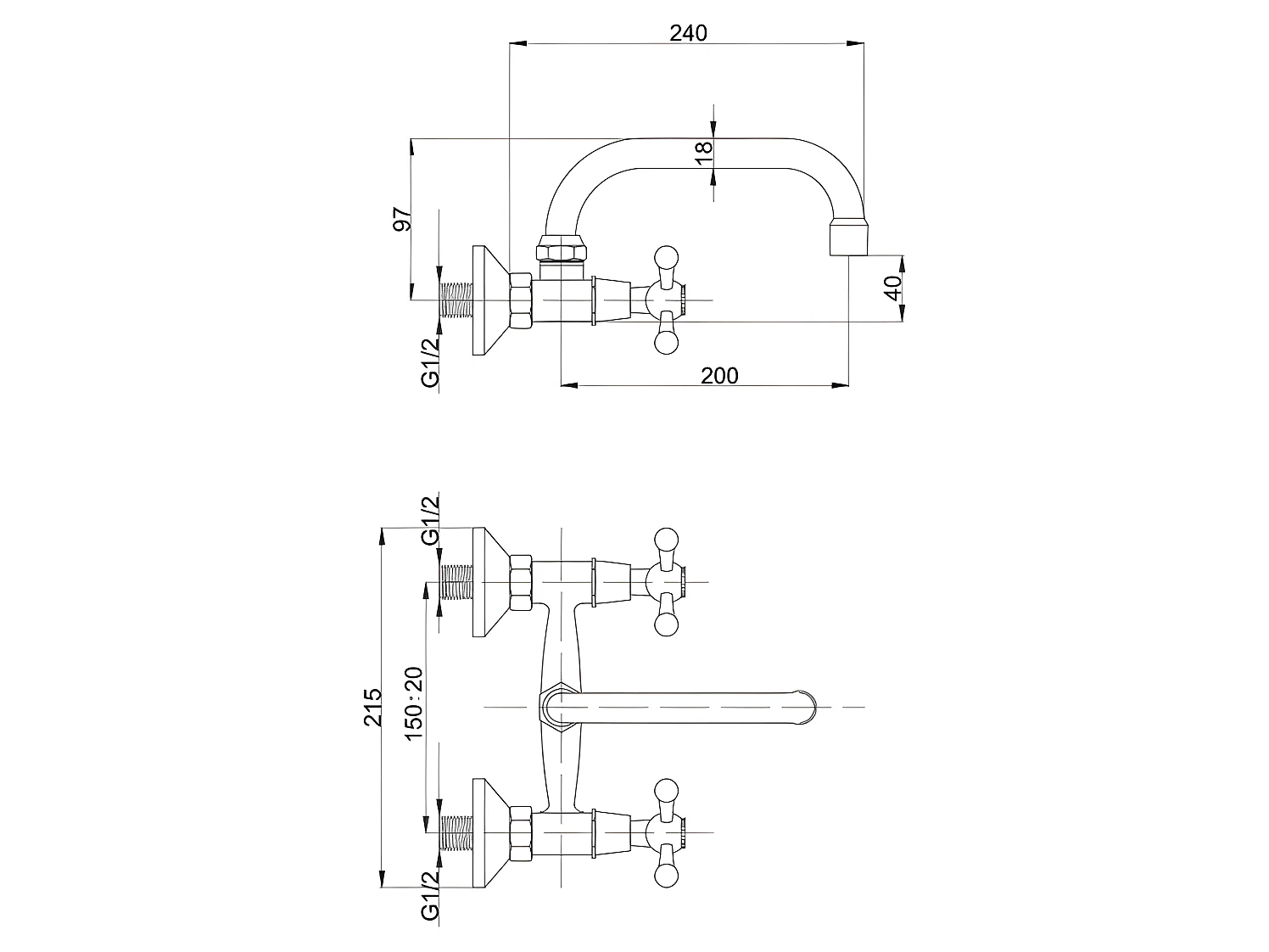 Robinet Cuisine Mitigeur Chrome Mural Manettes Croisillons Bec Supérieur