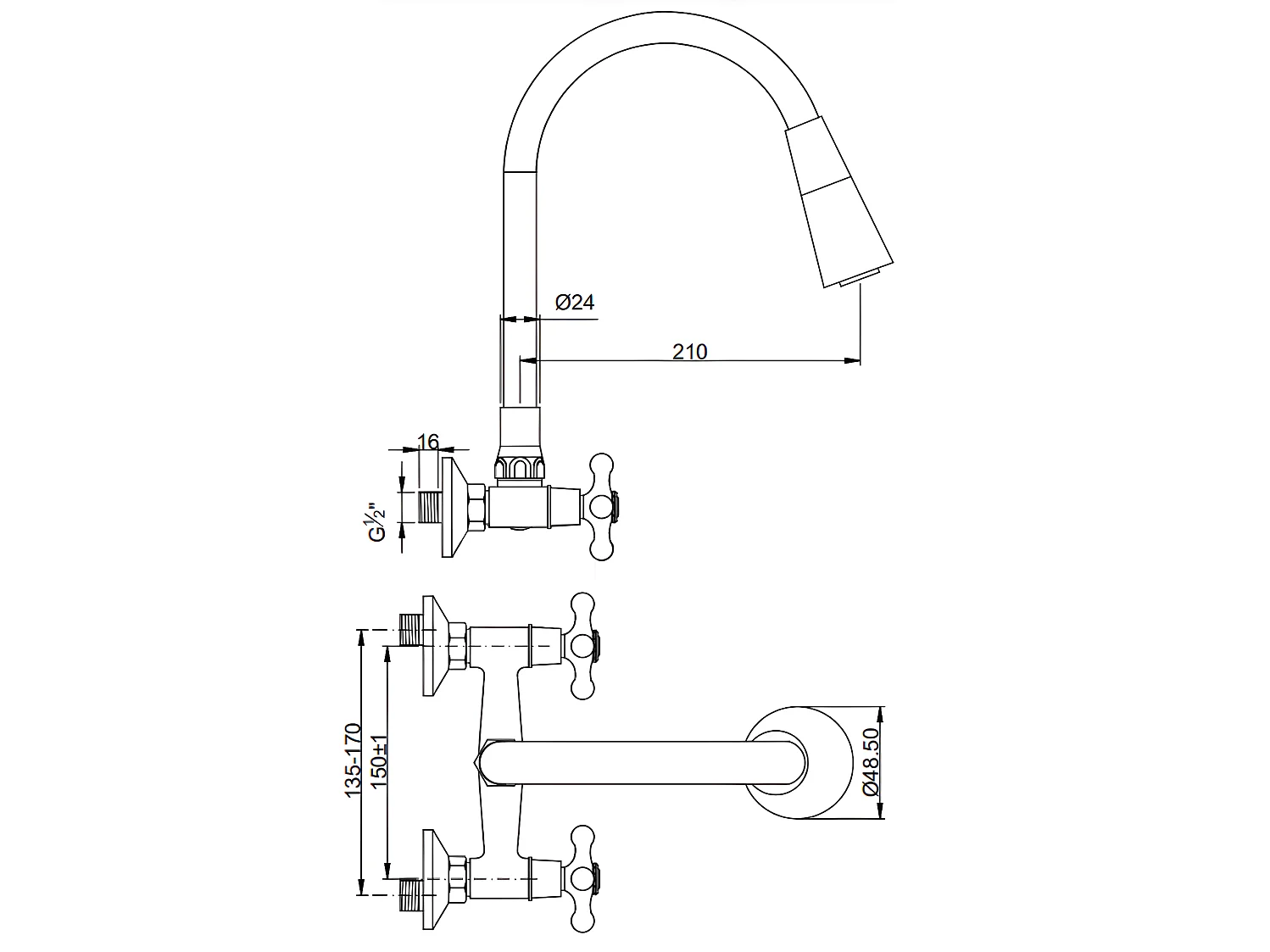 Wasserhahn Küche Wandarmatur Grau Zweigriffarmaturen Roma Flexibler Auslauf