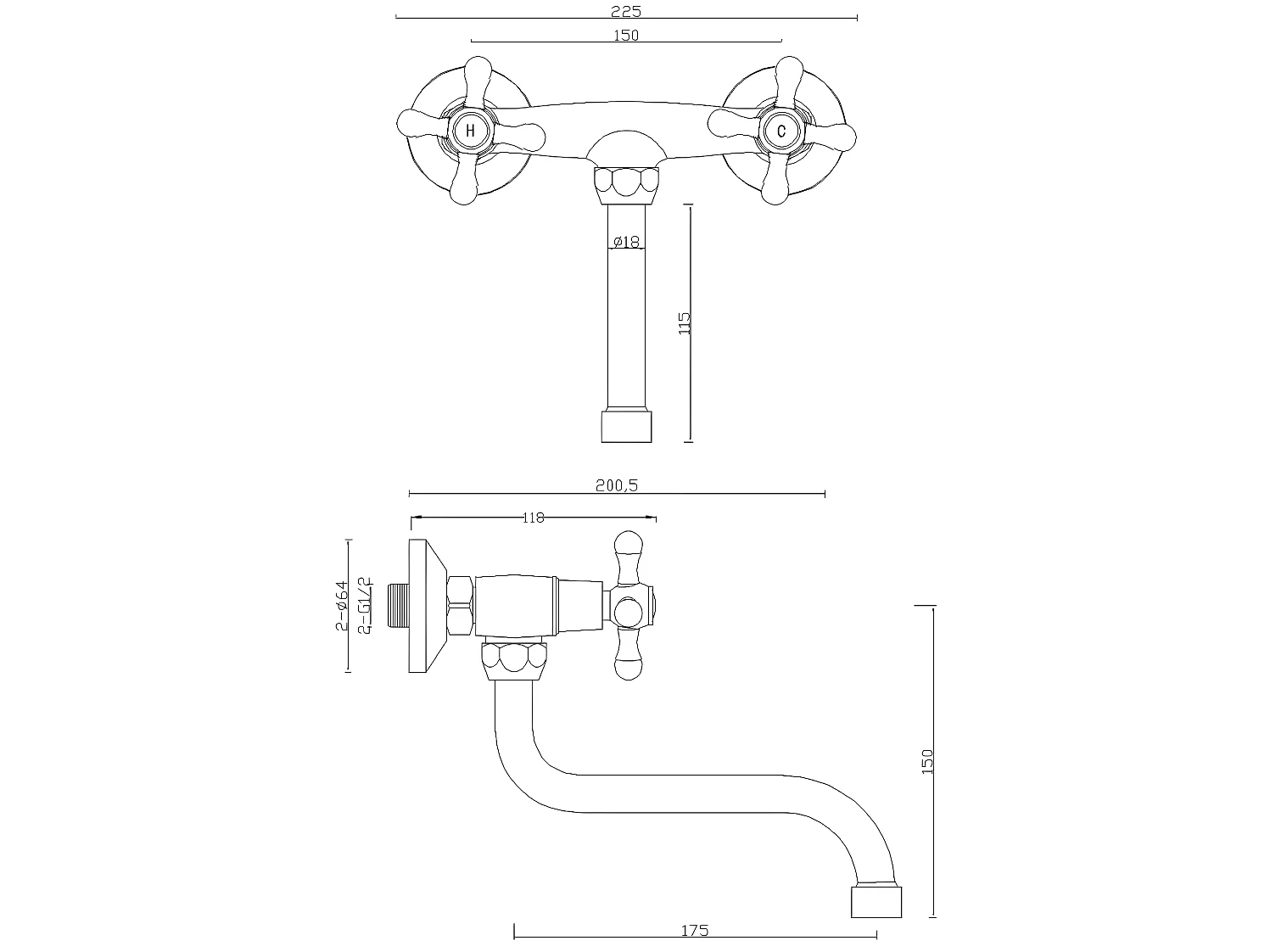 Rubinetto Di Cucina Ottone A Muro Leve Trasversali Beccuccio Inferiore Stilo