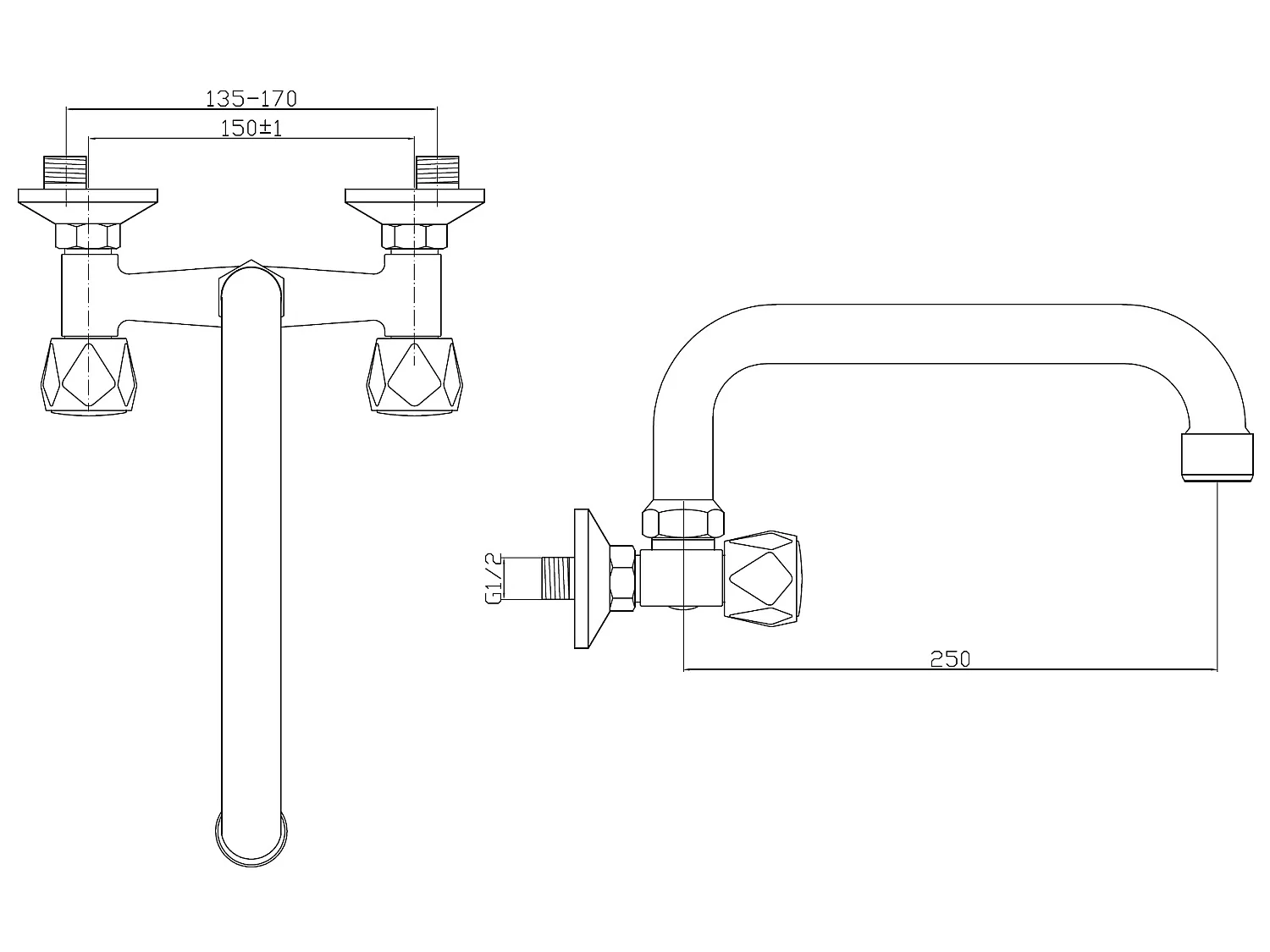 Rubinetto Di Cucina Cromo A Muro Beccuccio Da 25Cm