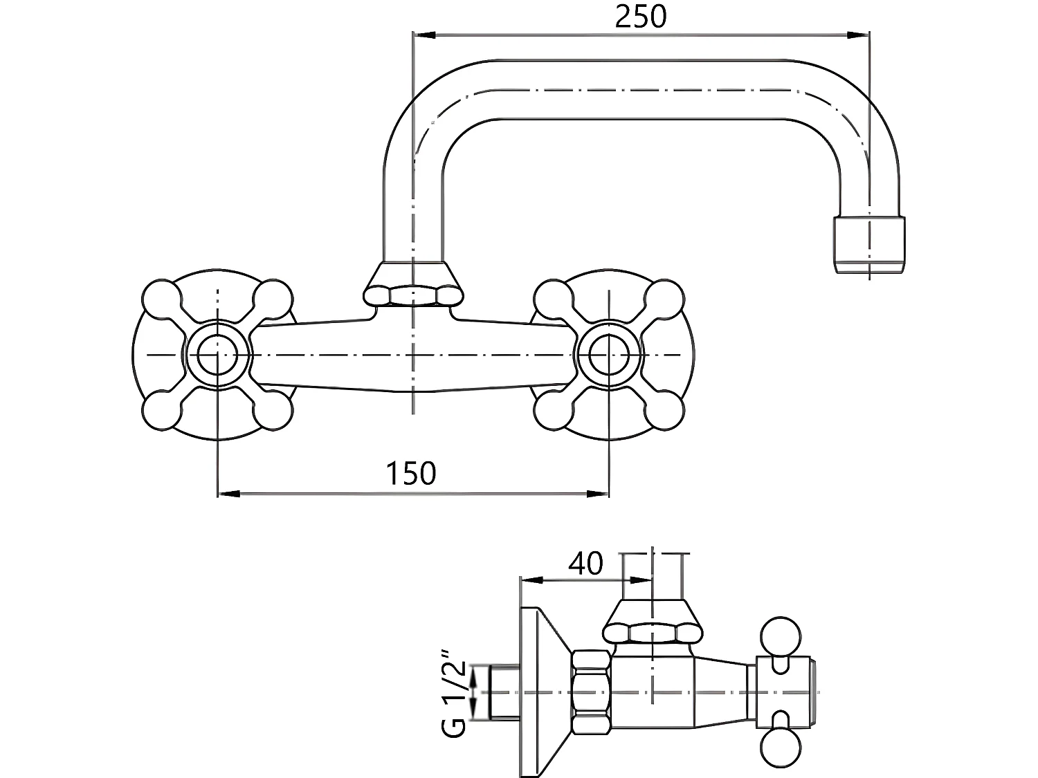 Robinet Cuisine Mitigeur Chrome Mural Bec Supérieur Manettes Croisillons