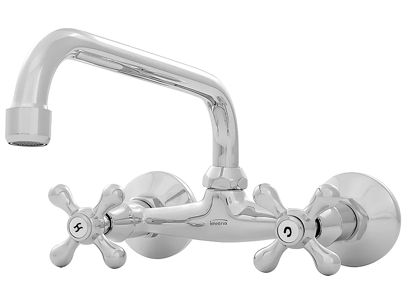 Robinet Cuisine Mitigeur Chrome Mural Bec Supérieur Manettes Croisillons