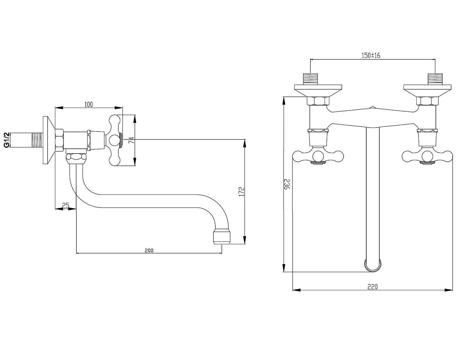 Robinet Cuisine Mitigeur Chrome Mural Bec Inférieur Manettes Croisillons