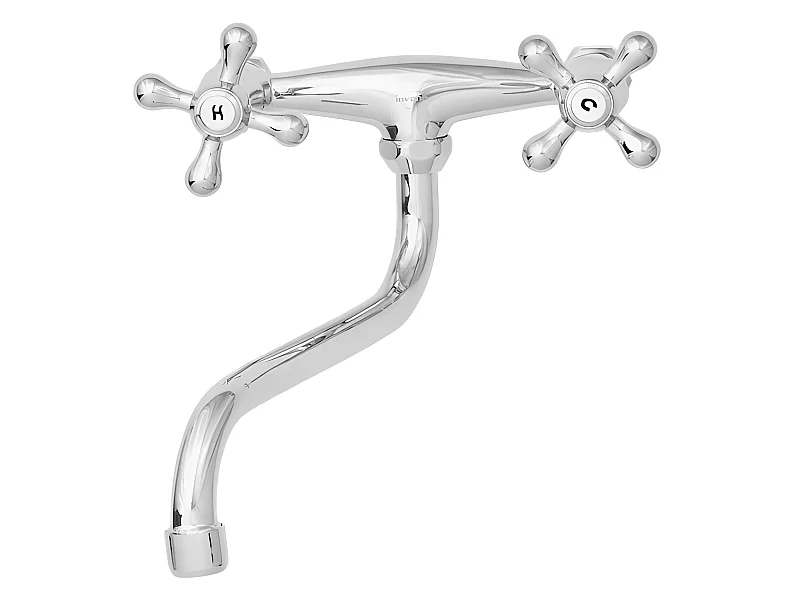 Robinet Cuisine Mitigeur Chrome Mural Bec Inférieur Manettes Croisillons