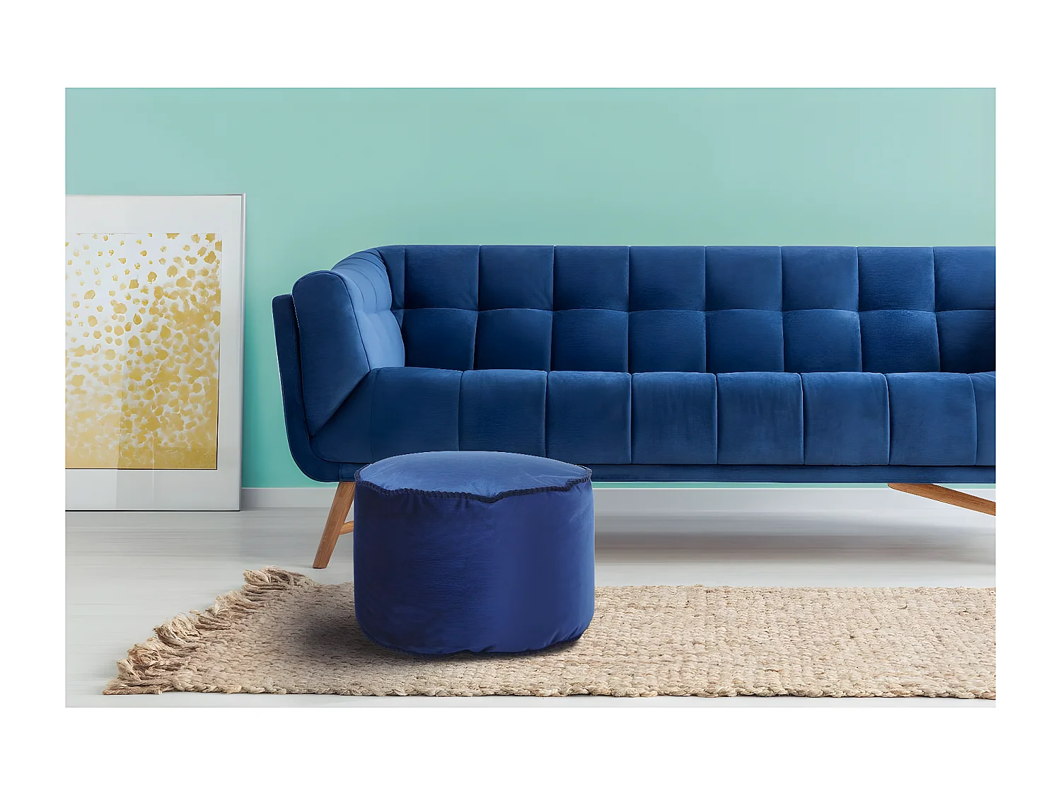 Pouf Rond en Velours "Taj Mahal" 47cm Bleu