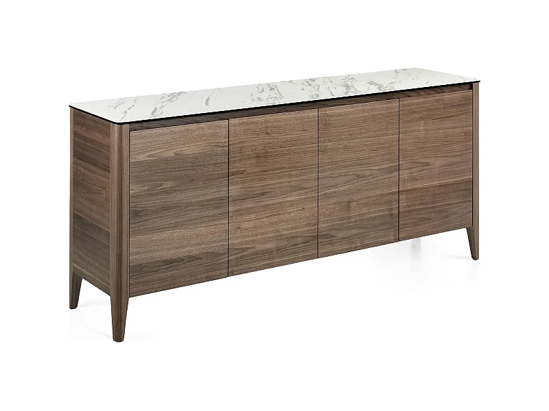 Buffet 4 portes soft-closing étagère intérieure verre transparent bois revêtement marbre céramique