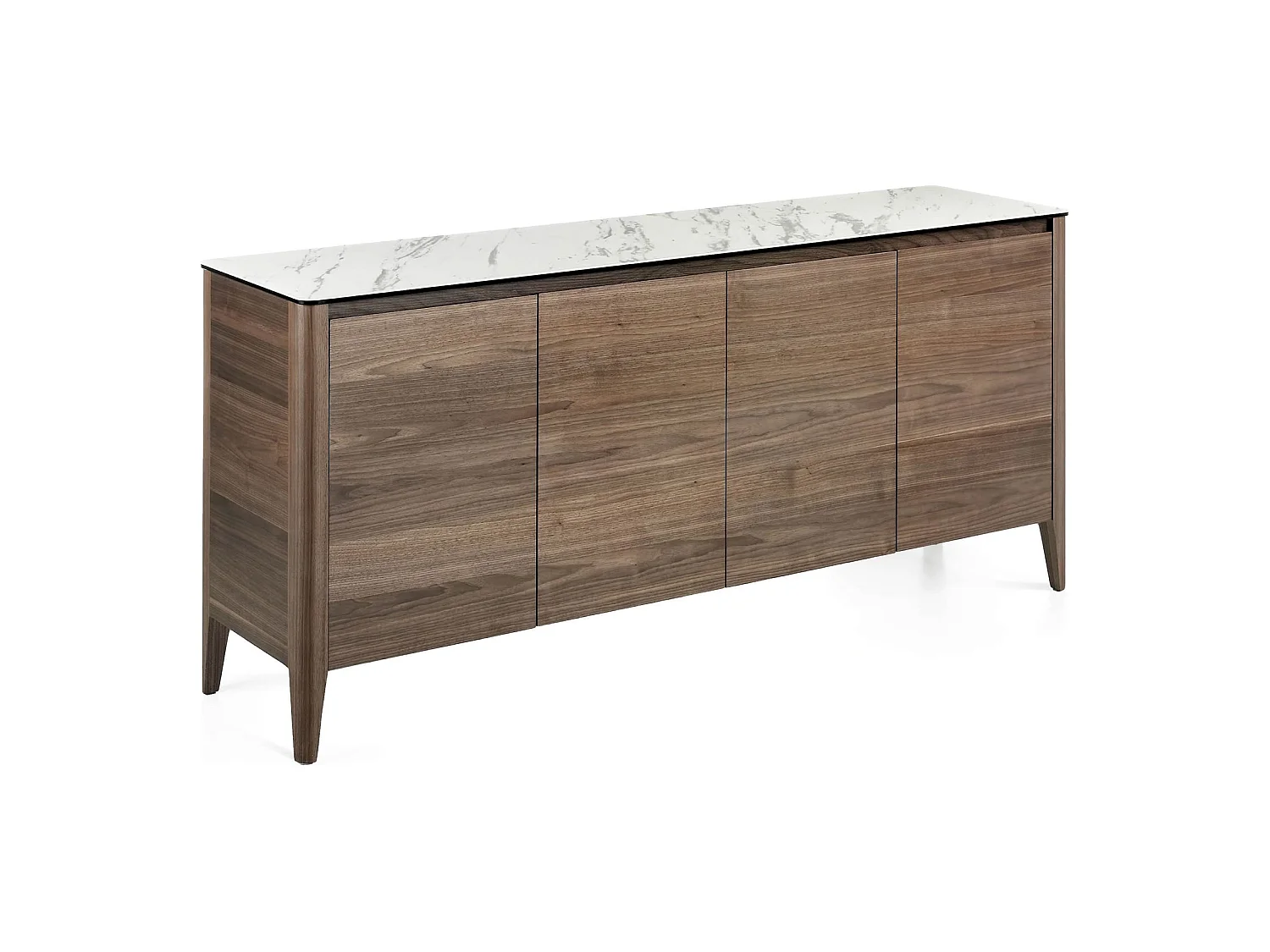 Buffet 4 portes soft-closing étagère intérieure verre transparent bois revêtement marbre céramique