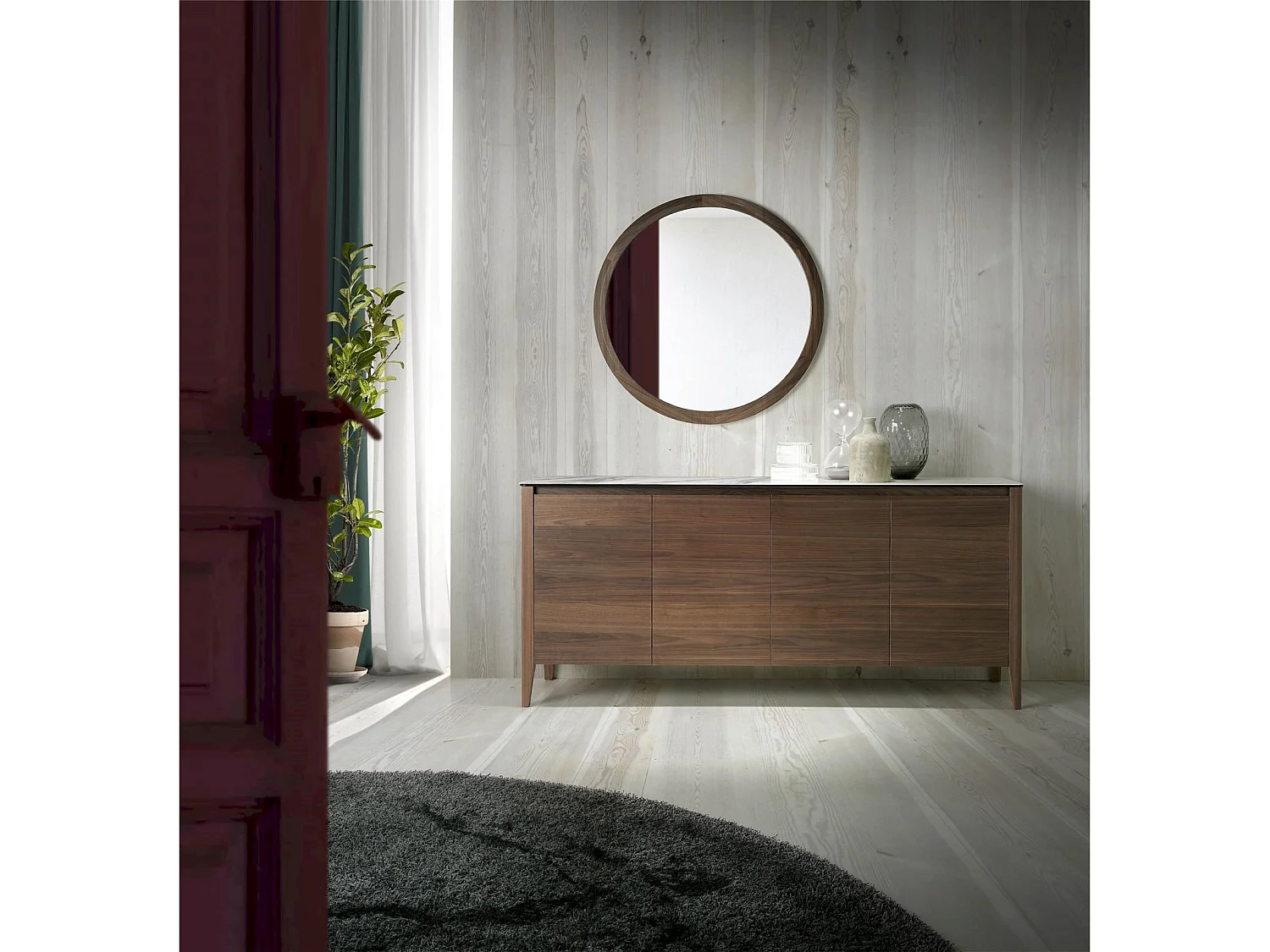 Buffet 4 portes soft-closing étagère intérieure verre transparent bois revêtement marbre céramique