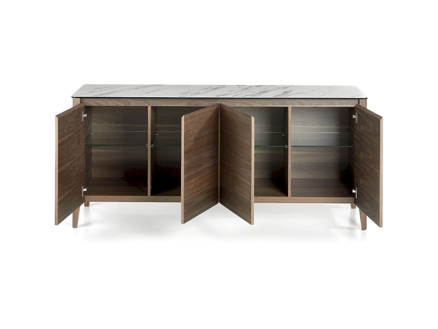 Buffet 4 portes soft-closing étagère intérieure verre transparent bois revêtement marbre céramique