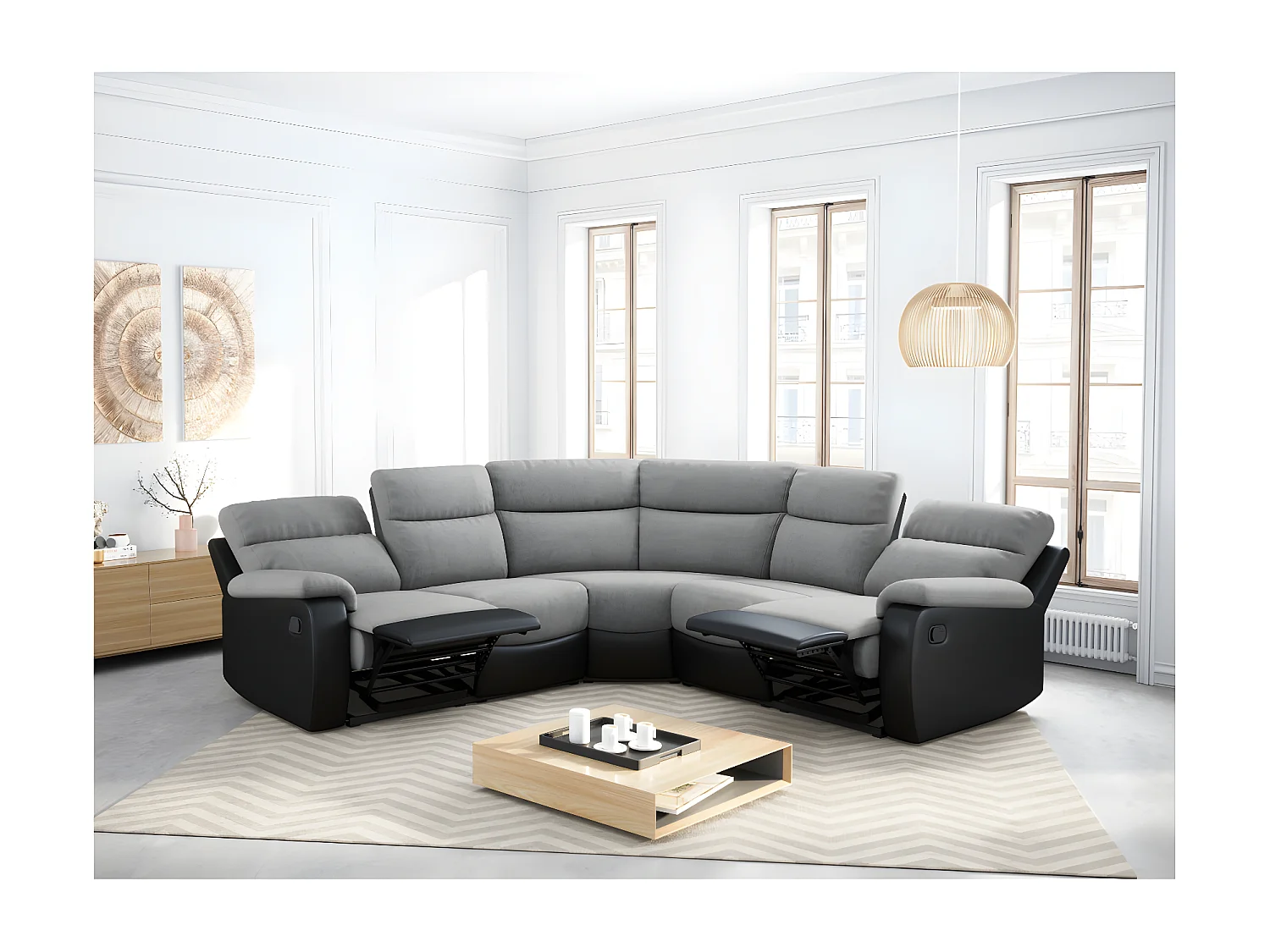 Canapé d'angle de Relaxation Oscar 5 places bi-matière - Gris/Noir - L238 x P238 x H99cm - Loungitude