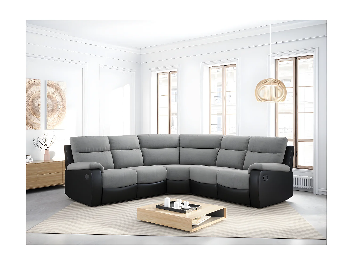 Canapé d'angle de Relaxation Oscar 5 places bi-matière - Gris/Noir - L238 x P238 x H99cm - Loungitude