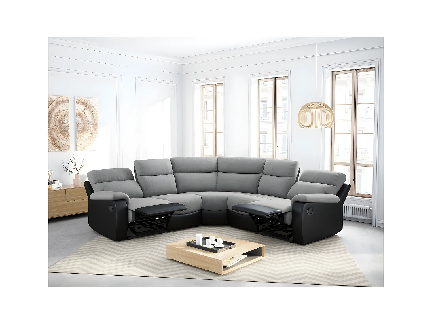 Canapé d'angle de Relaxation Oscar 5 places bi-matière - Gris/Noir - L238 x P238 x H99cm - Loungitude