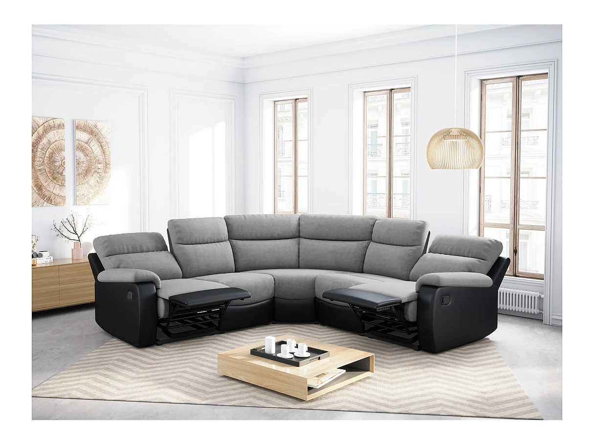 Canapé d'angle de Relaxation Oscar 5 places bi-matière - Gris/Noir - L238 x P238 x H99cm - Loungitude