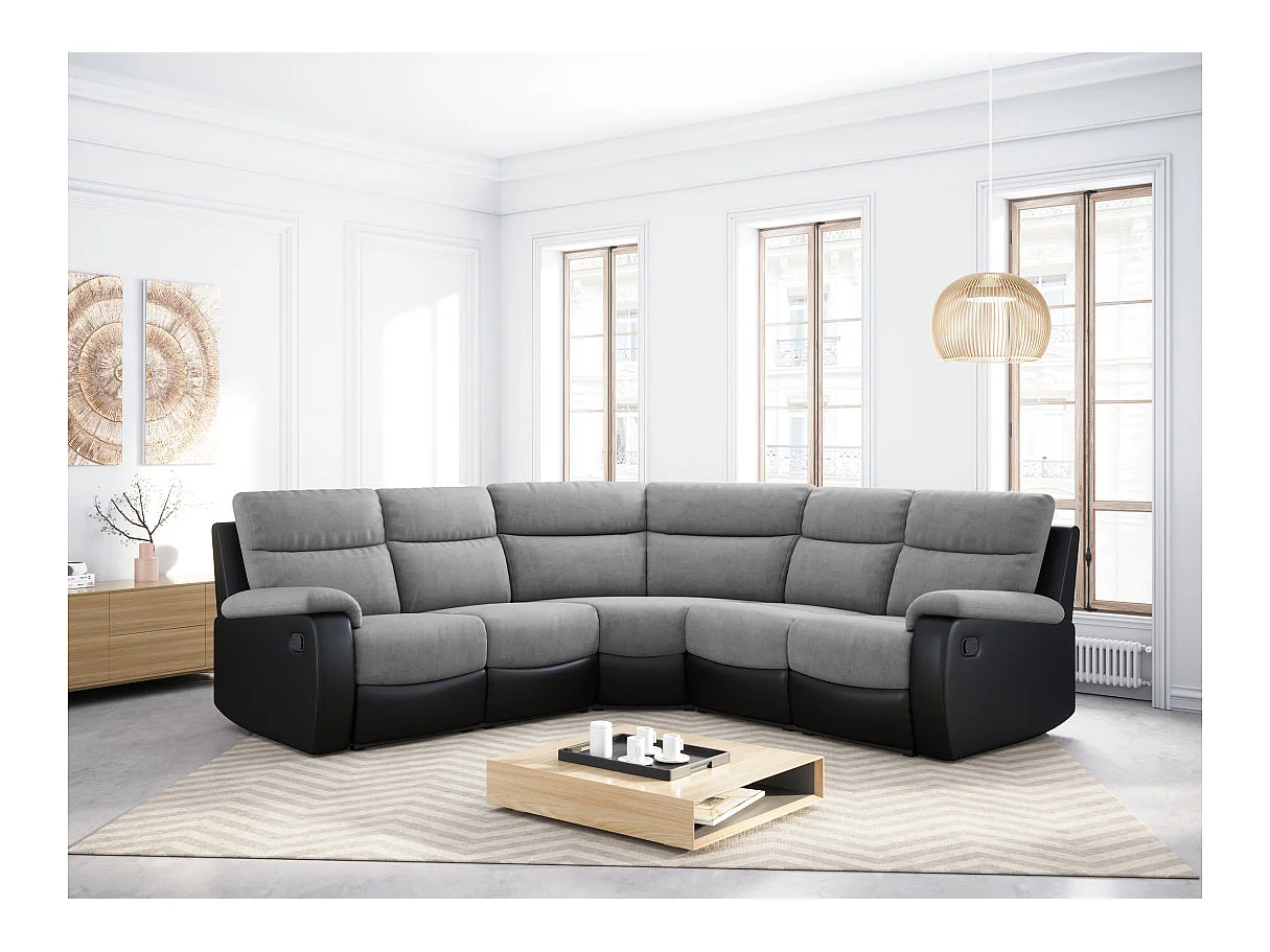 Canapé d'angle de Relaxation Oscar 5 places bi-matière - Gris/Noir - L238 x P238 x H99cm - Loungitude