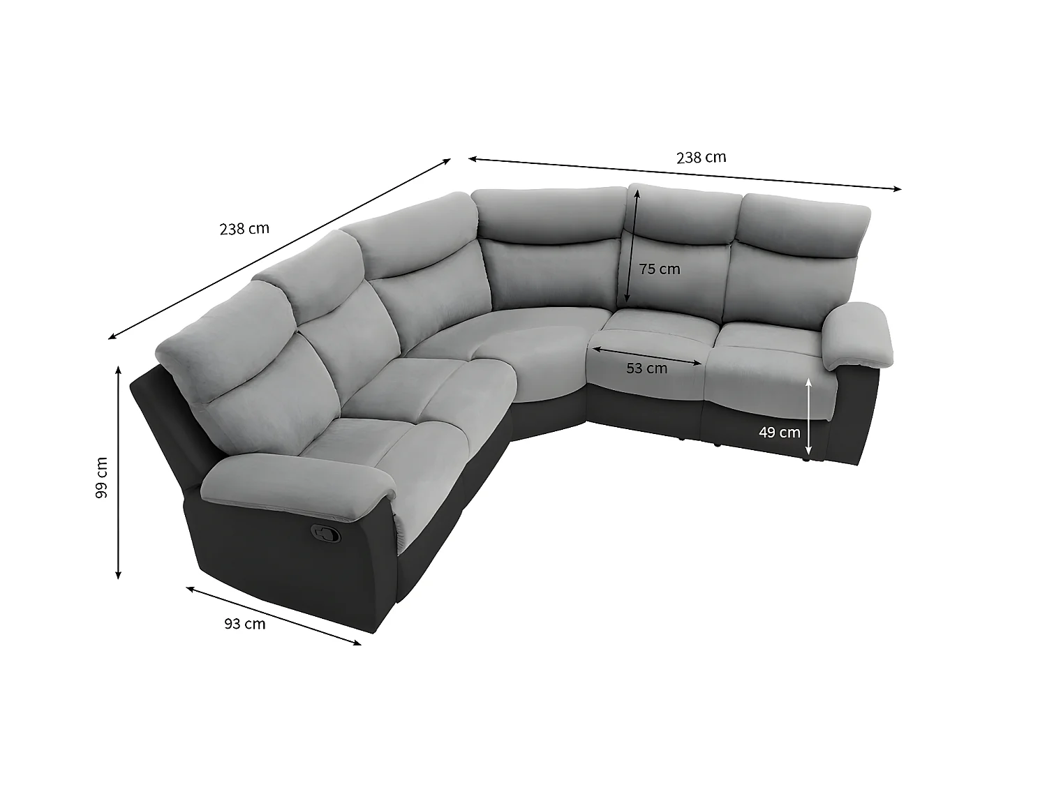 Canapé d'angle de Relaxation Oscar 5 places bi-matière - Gris/Noir - L238 x P238 x H99cm - Loungitude