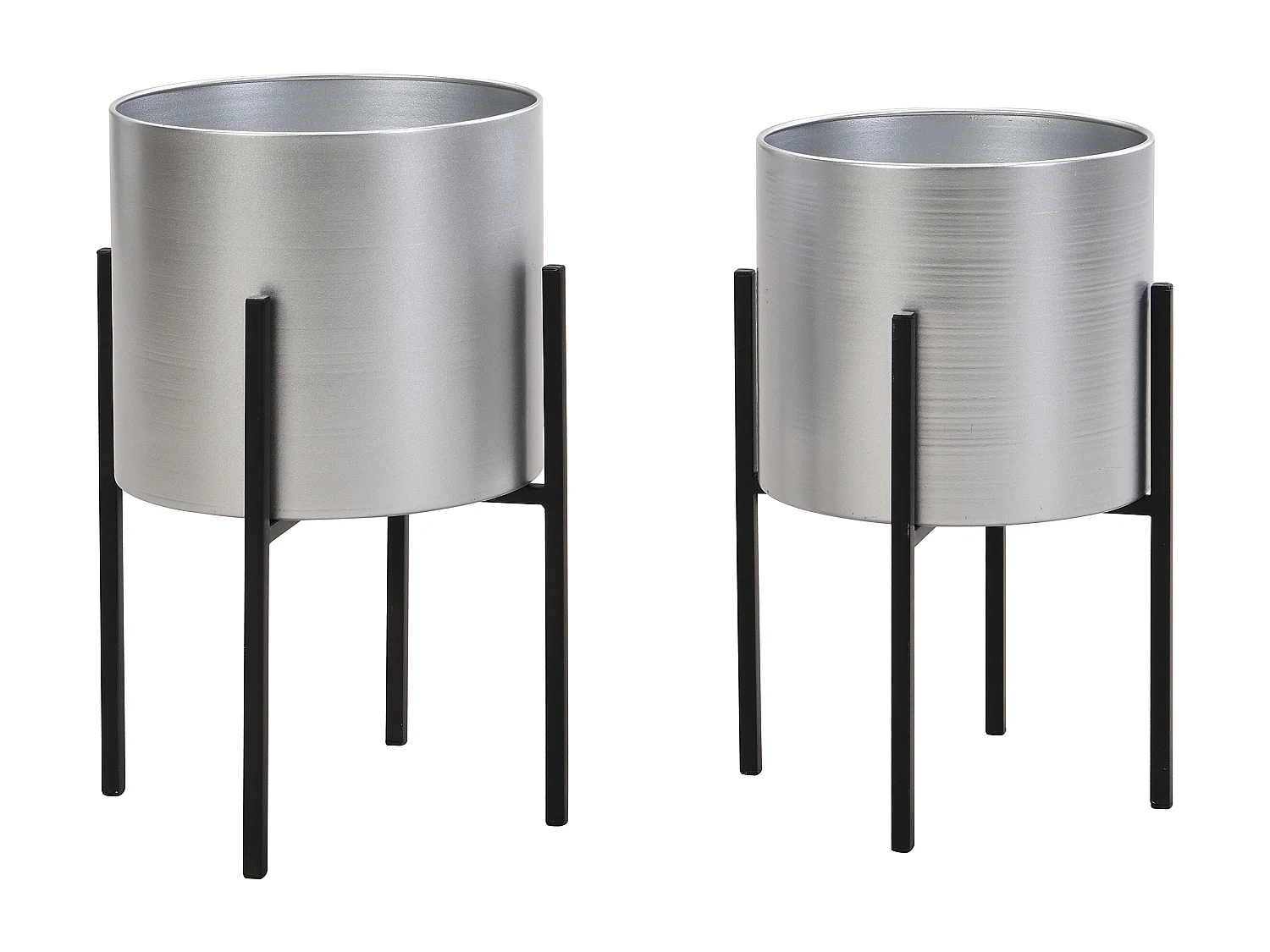 Lot de 2 cache-pots sur pied en métal - D.25 x H.39 et D. 23 x H.35.5 - Argenté et noir  - EDMEE