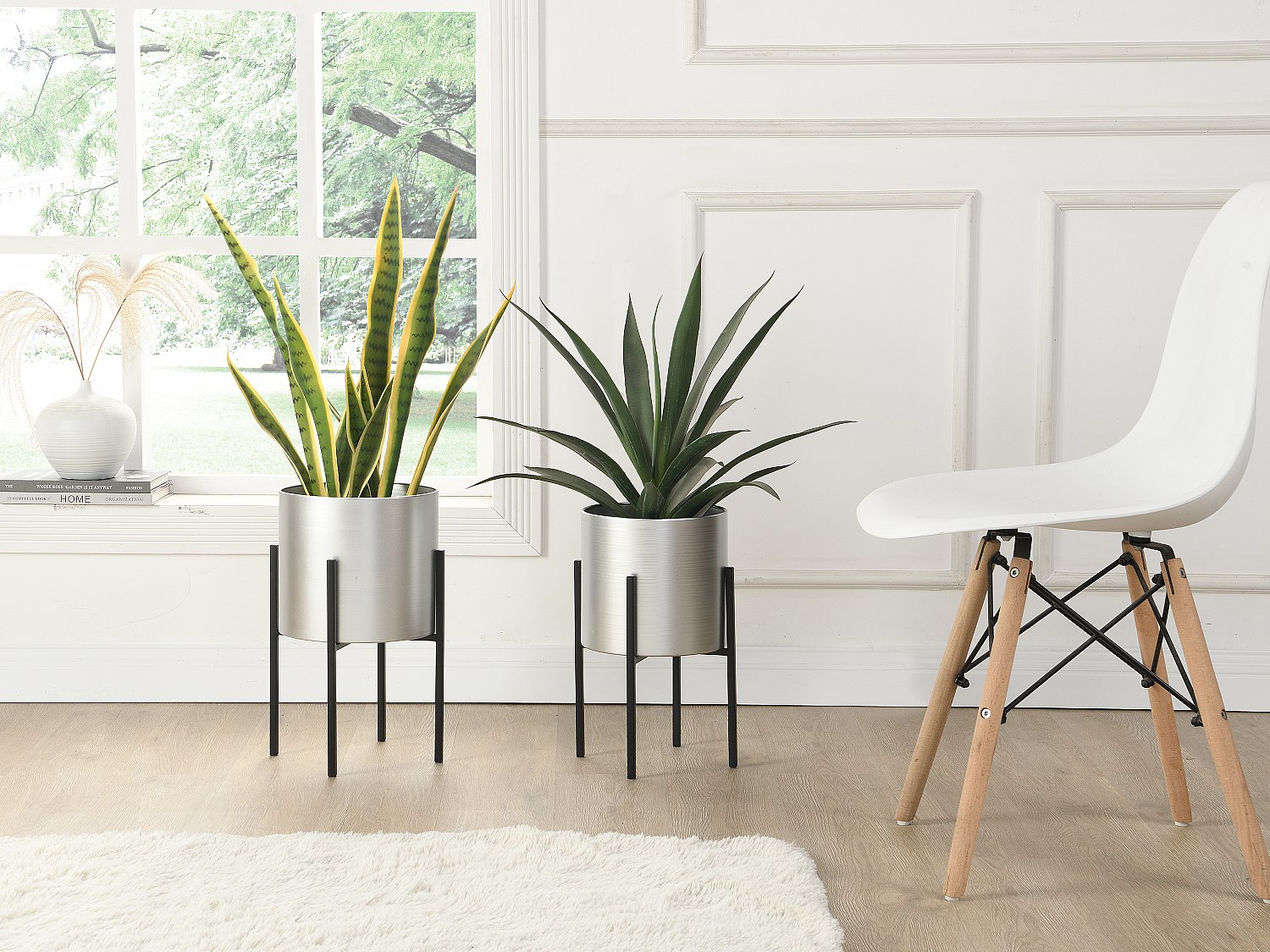 2er-Set - Übertöpfe mit Gestell - Metall - 25 x 39 & 23 x 35,5 - Silberfarb günstig online kaufen