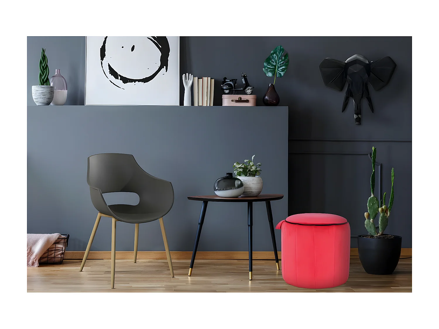 Pouf Rond Velours "Reese" 43cm Rouge