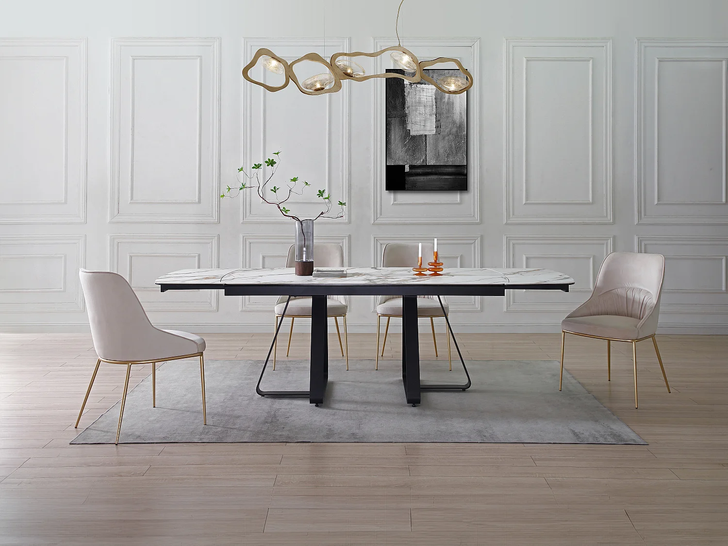 Table à manger extensible 6 à 10 personnes en verre trempé et céramique - Effet marbre blanc et noir - MARDONA