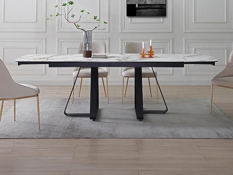 Table à manger extensible 6 à 10 personnes en verre trempé et céramique - Effet marbre blanc et noir - MARDONA