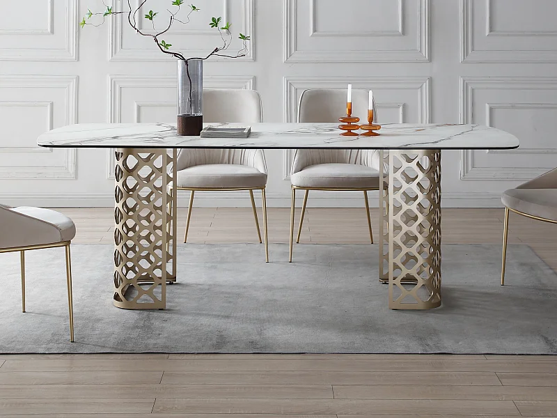 Eettafel 8 personen in gehard glas en keramiek - Witte marmerlook en goudkleurig - GOLDENA